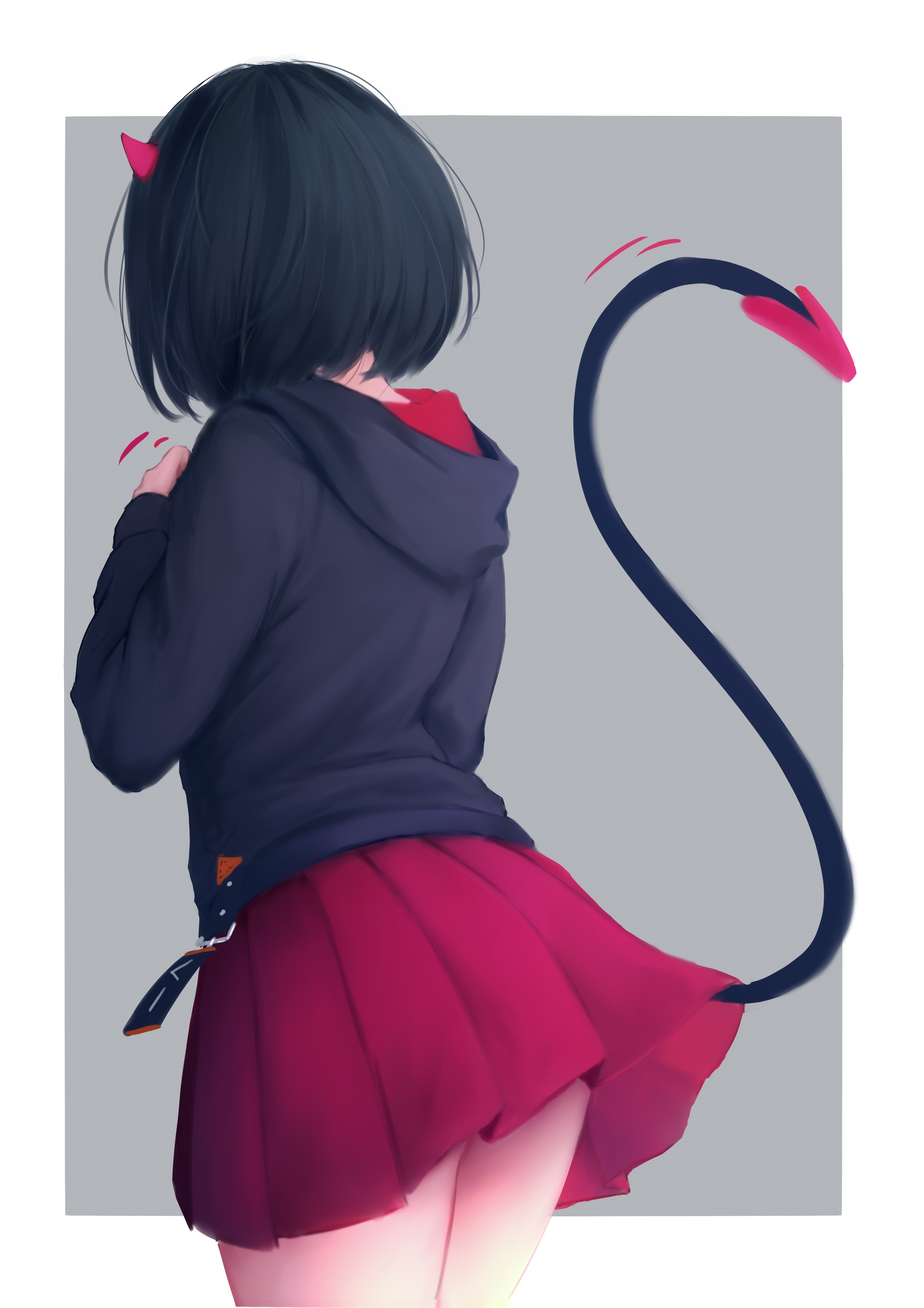 Anime girl with short black hair, horns, and tail HD Phone Wallpaper