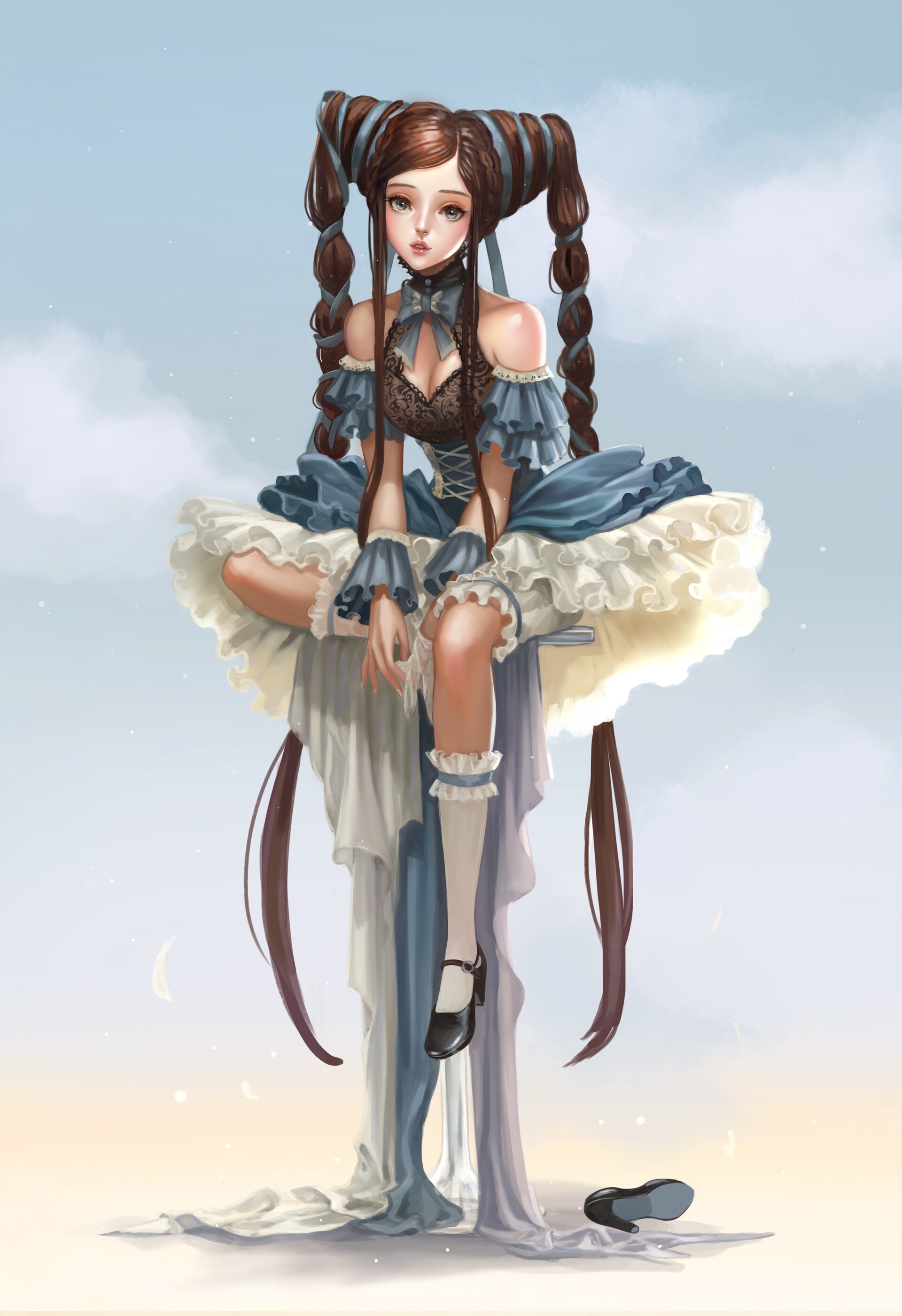 Fantasy girl in blue dress sitting on a cloud HD Phone Wallpaper