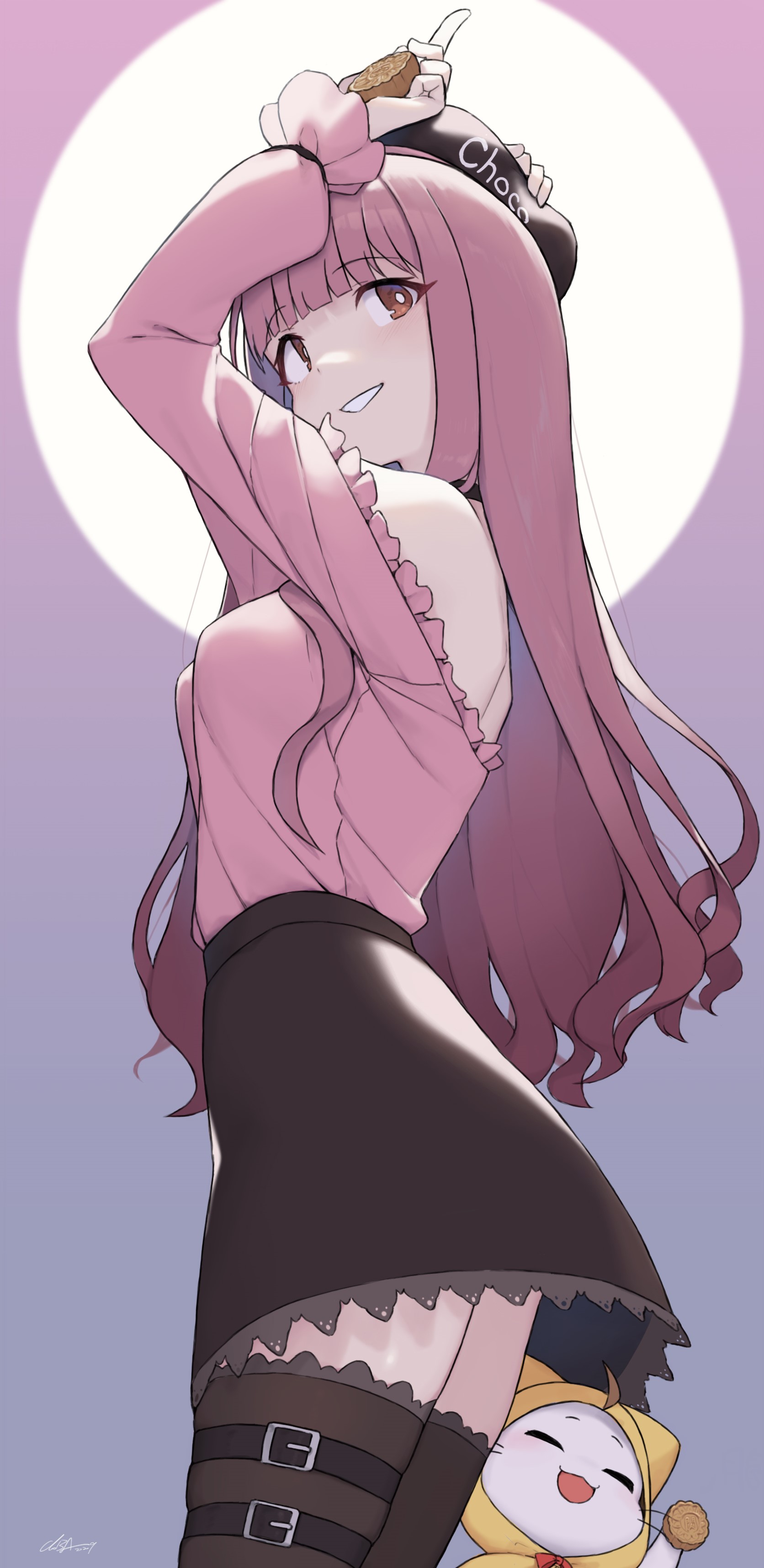 Anime girl with pink hair holding a chocolate bottle HD Phone Wallpaper