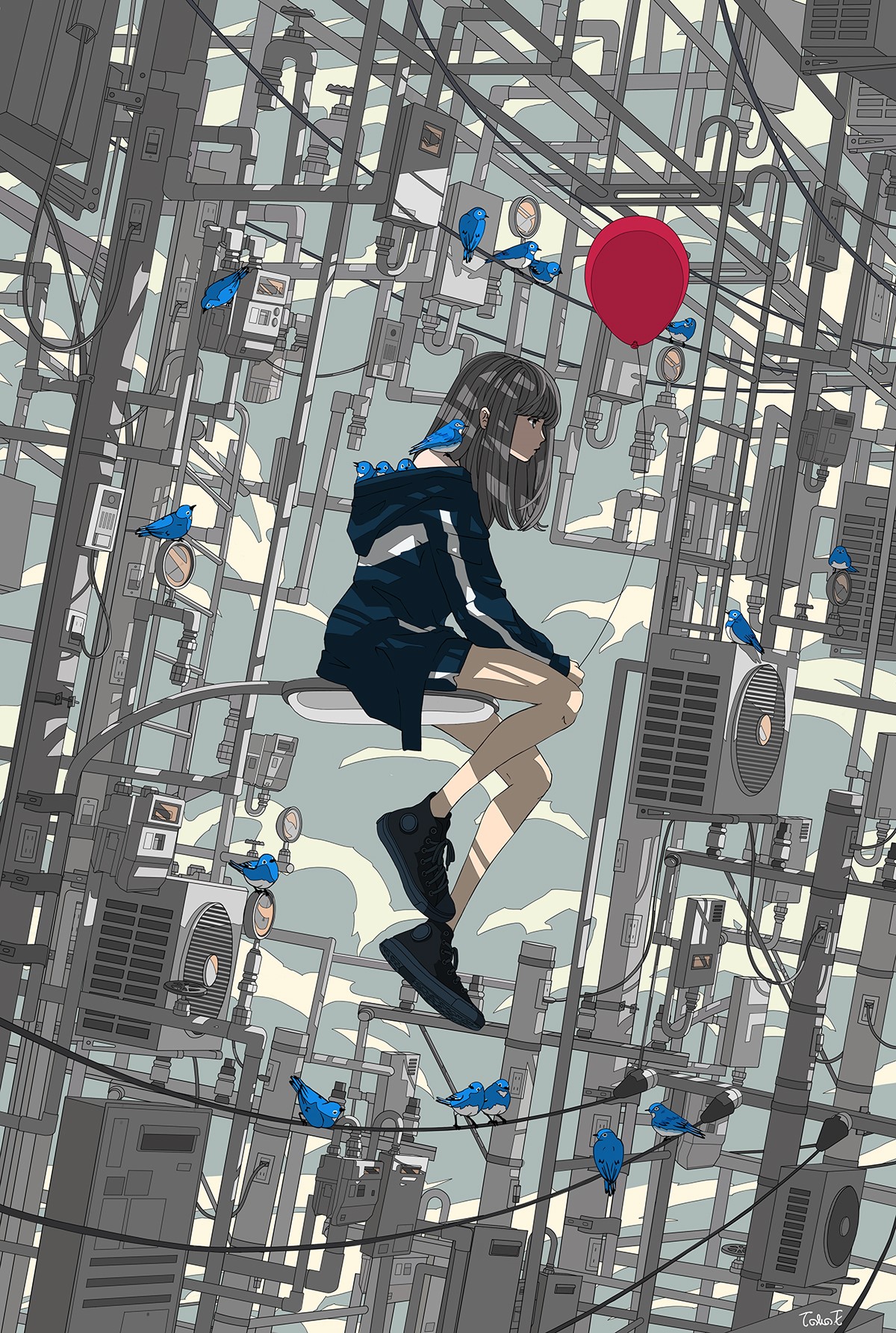 Anime girl with birds and red balloon surrounded by pipes HD Phone Wallpaper