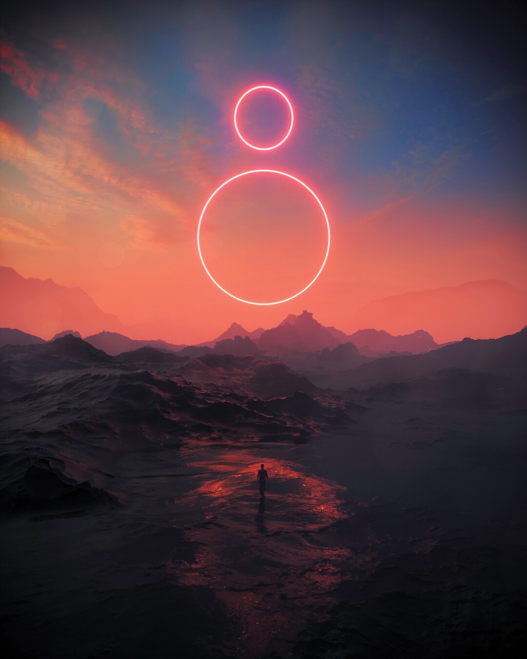 Neon circles above a solitary figure in a mountainous landscape HD Phone Wallpaper
