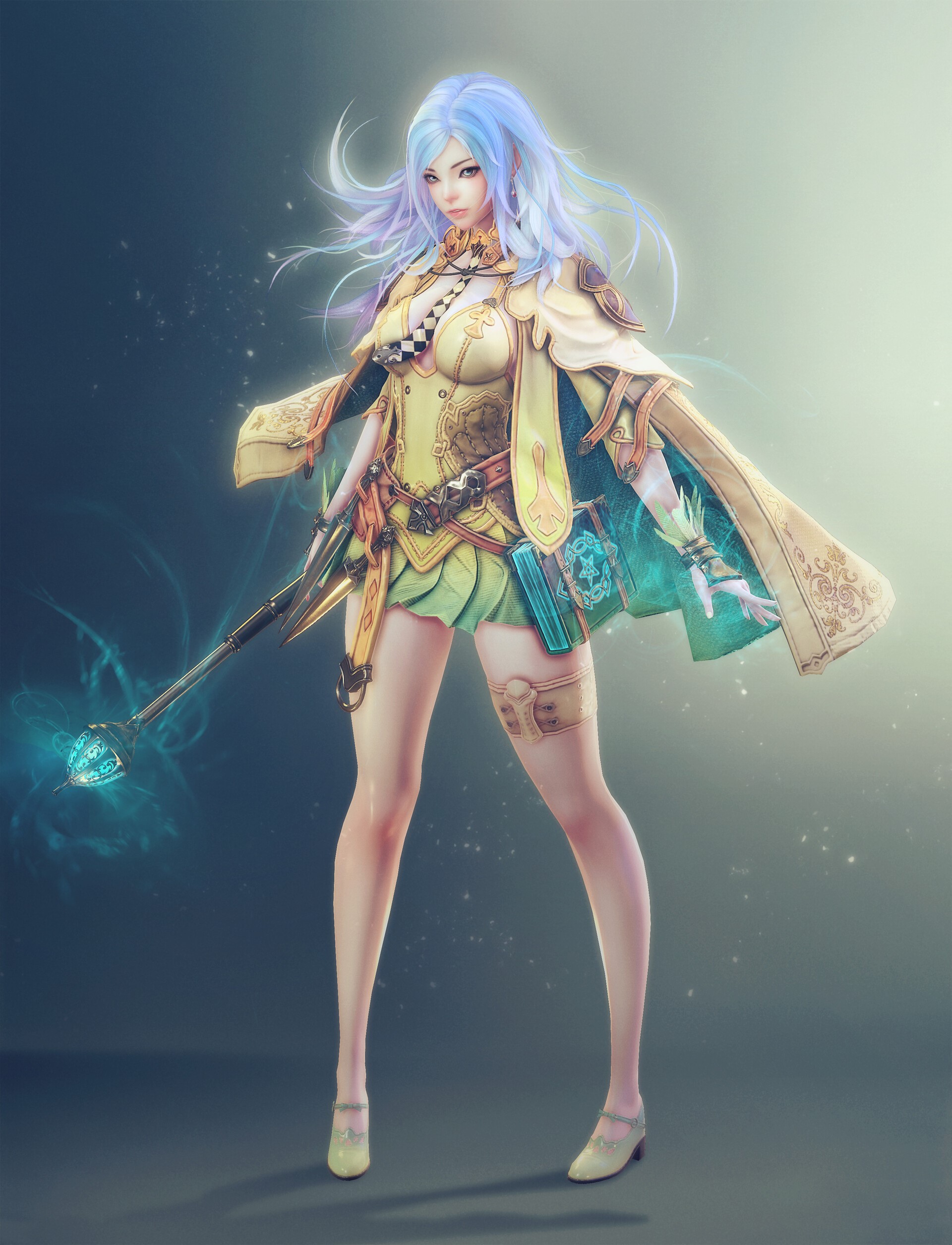 Fantasy girl with blue hair holding a magic staff HD Phone Wallpaper