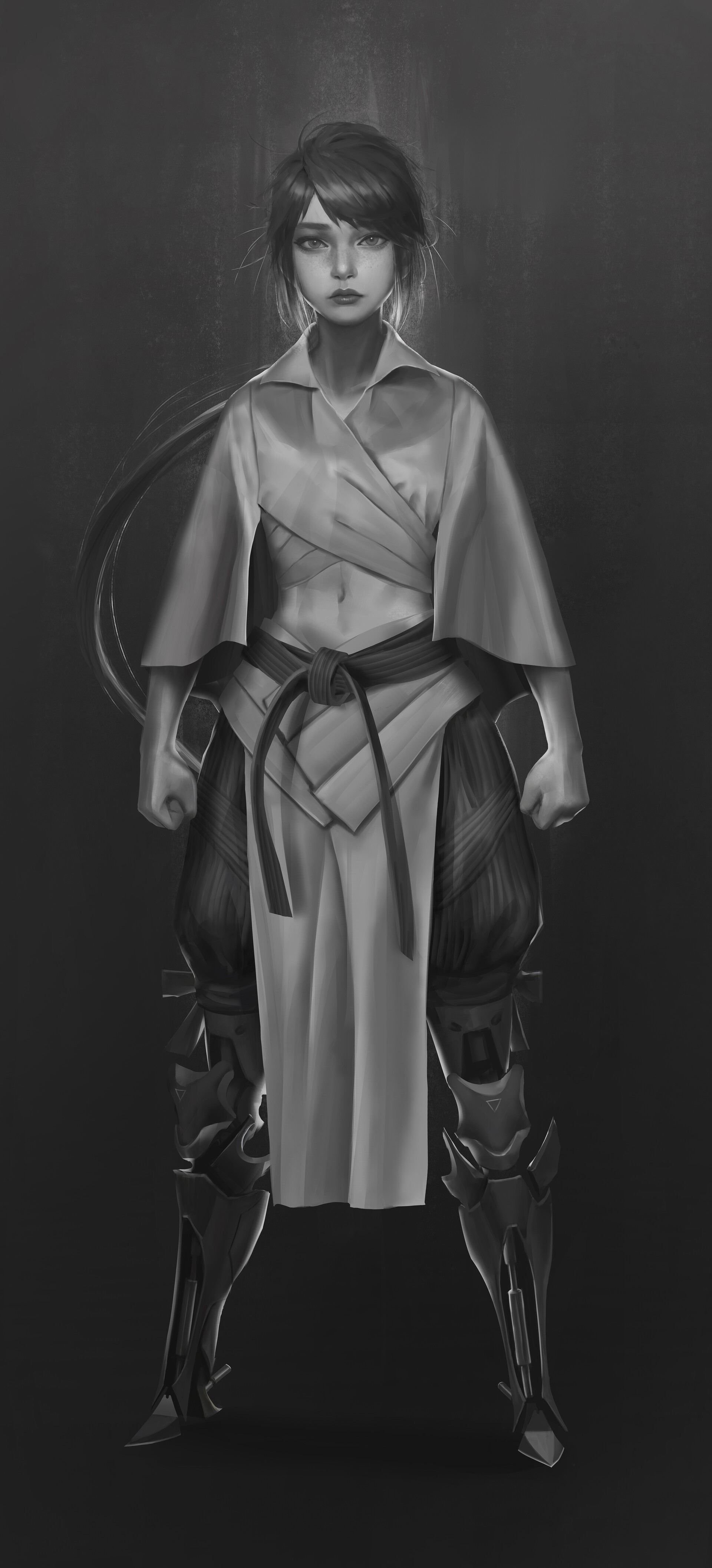 Monochrome artwork of a fantasy girl in warrior attire HD Phone Wallpaper