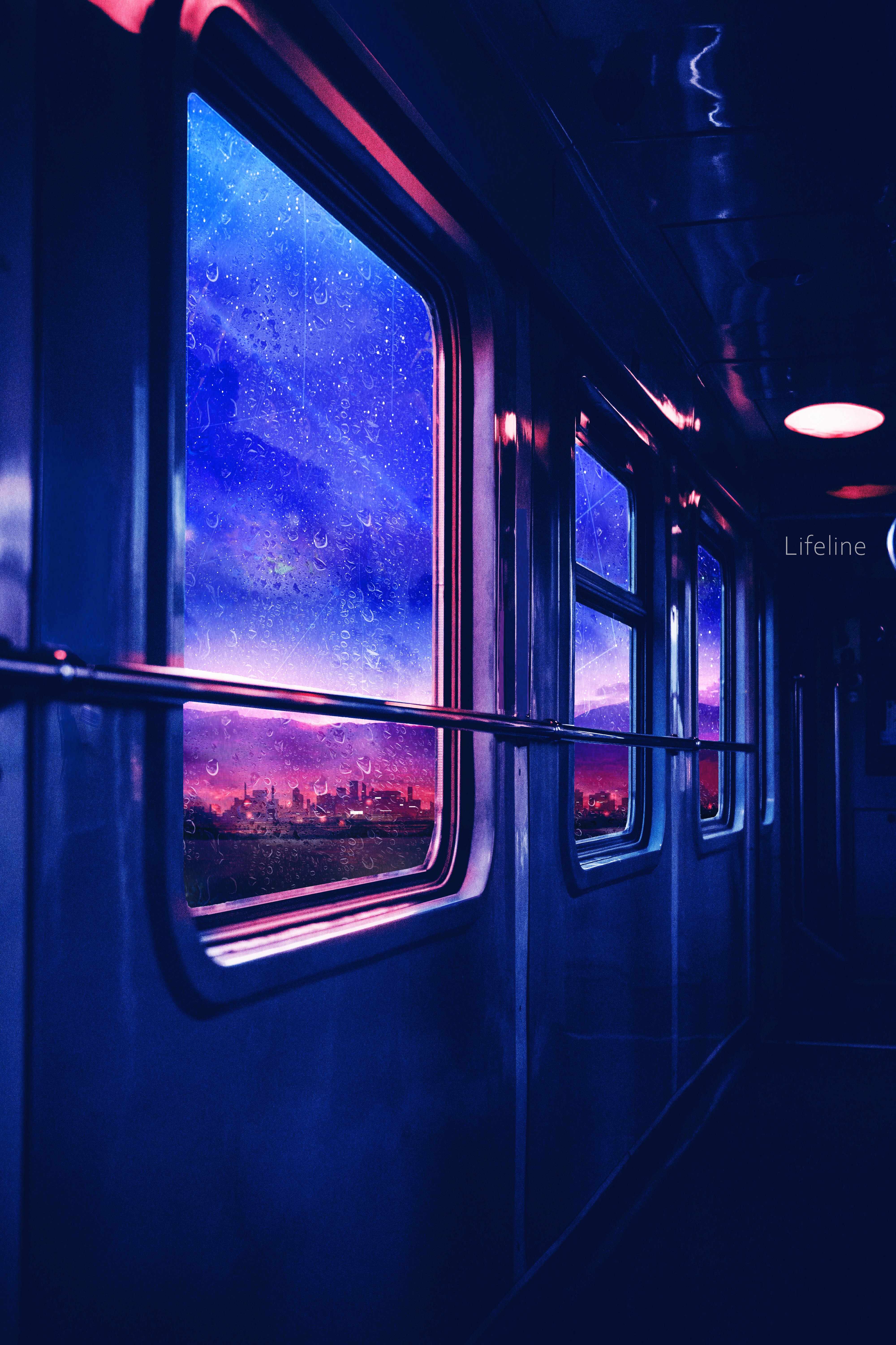 Anime train window view of city skyline at sunset HD Phone Wallpaper