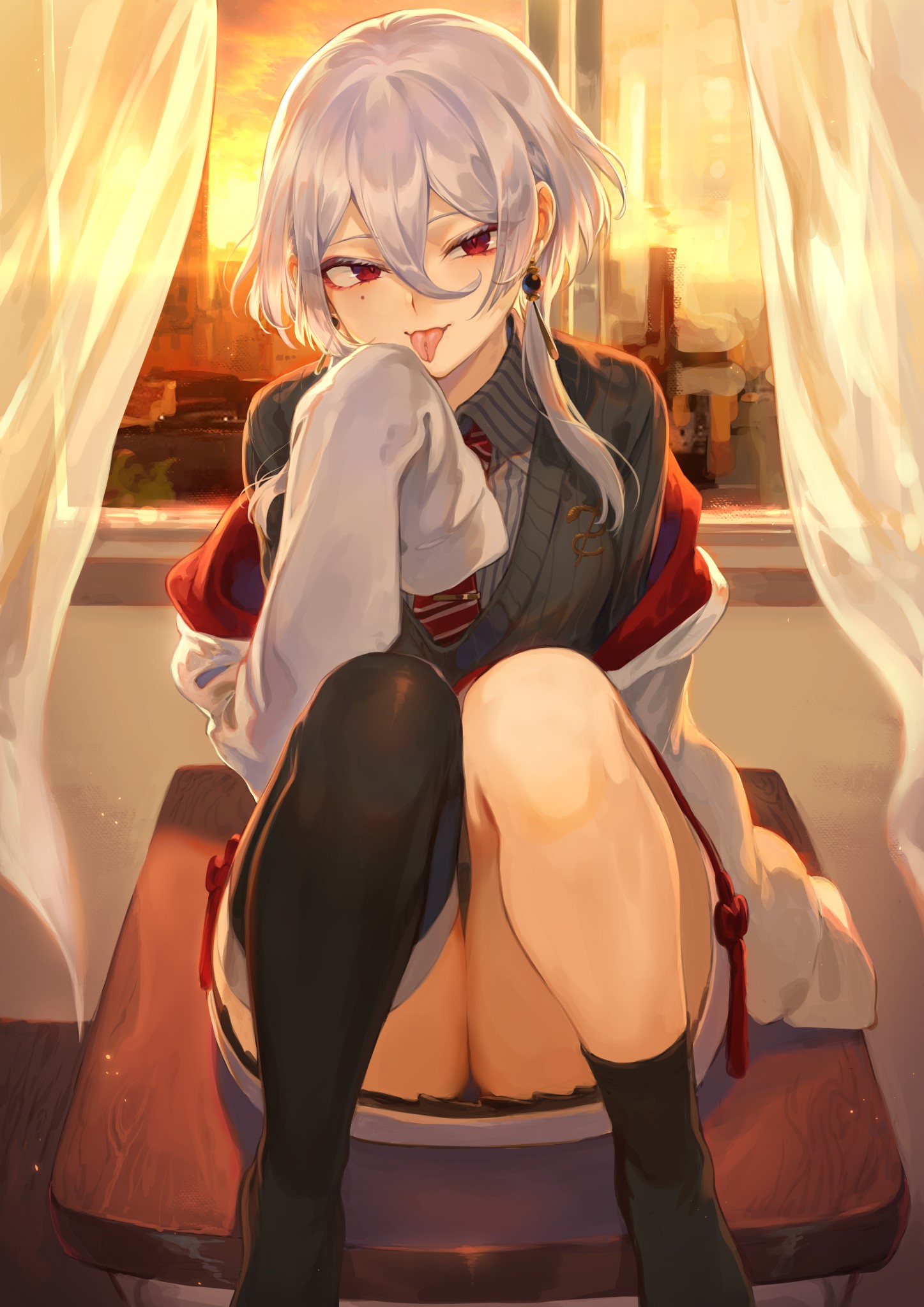 Anime girl with silver hair and red eyes HD Phone Wallpaper