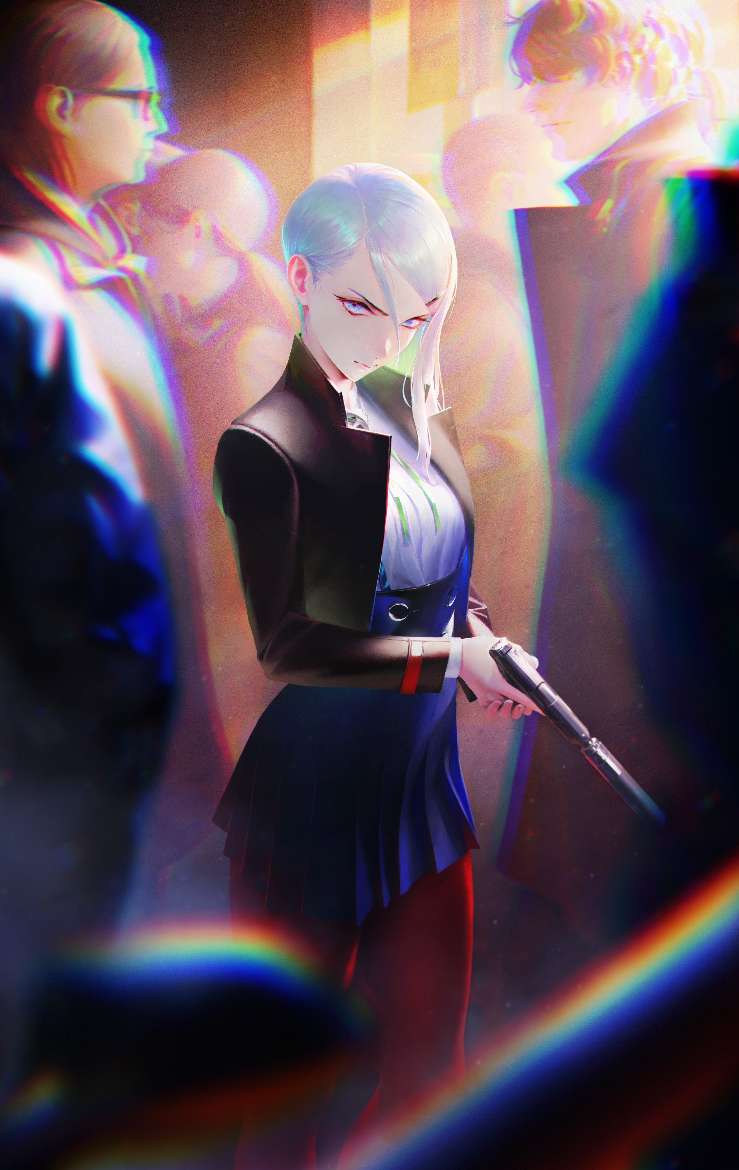 Woman with silver hair holding a gun HD Phone Wallpaper