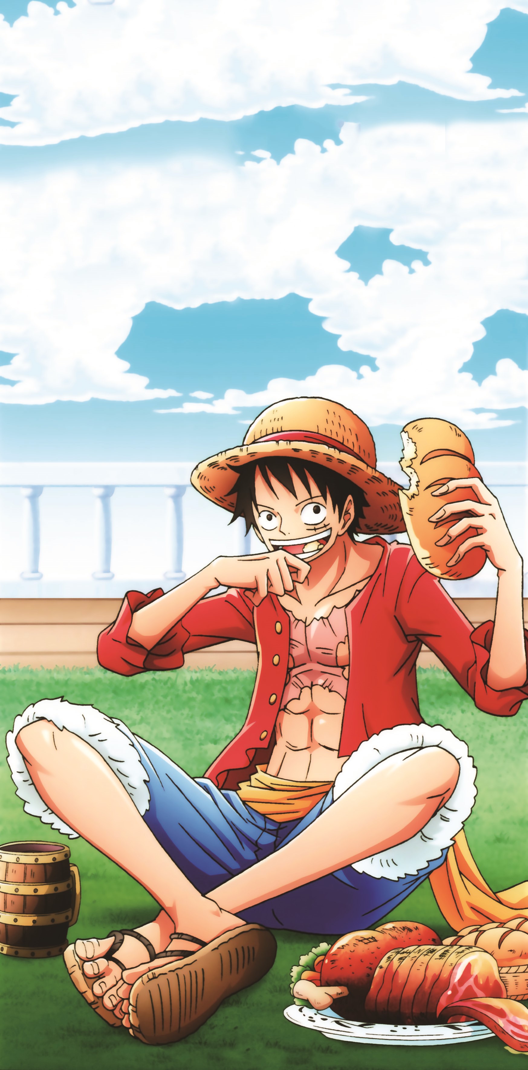 Monkey D. Luffy eating bread and meat HD Phone Wallpaper