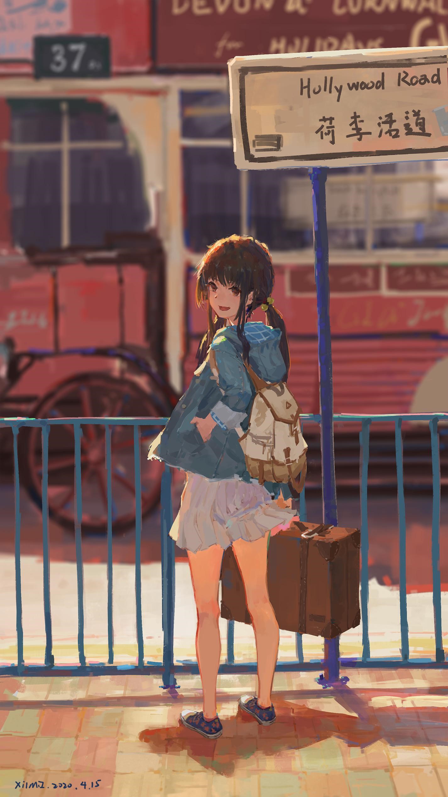 Anime girl at Hong Kong bus stop with suitcase HD Phone Wallpaper