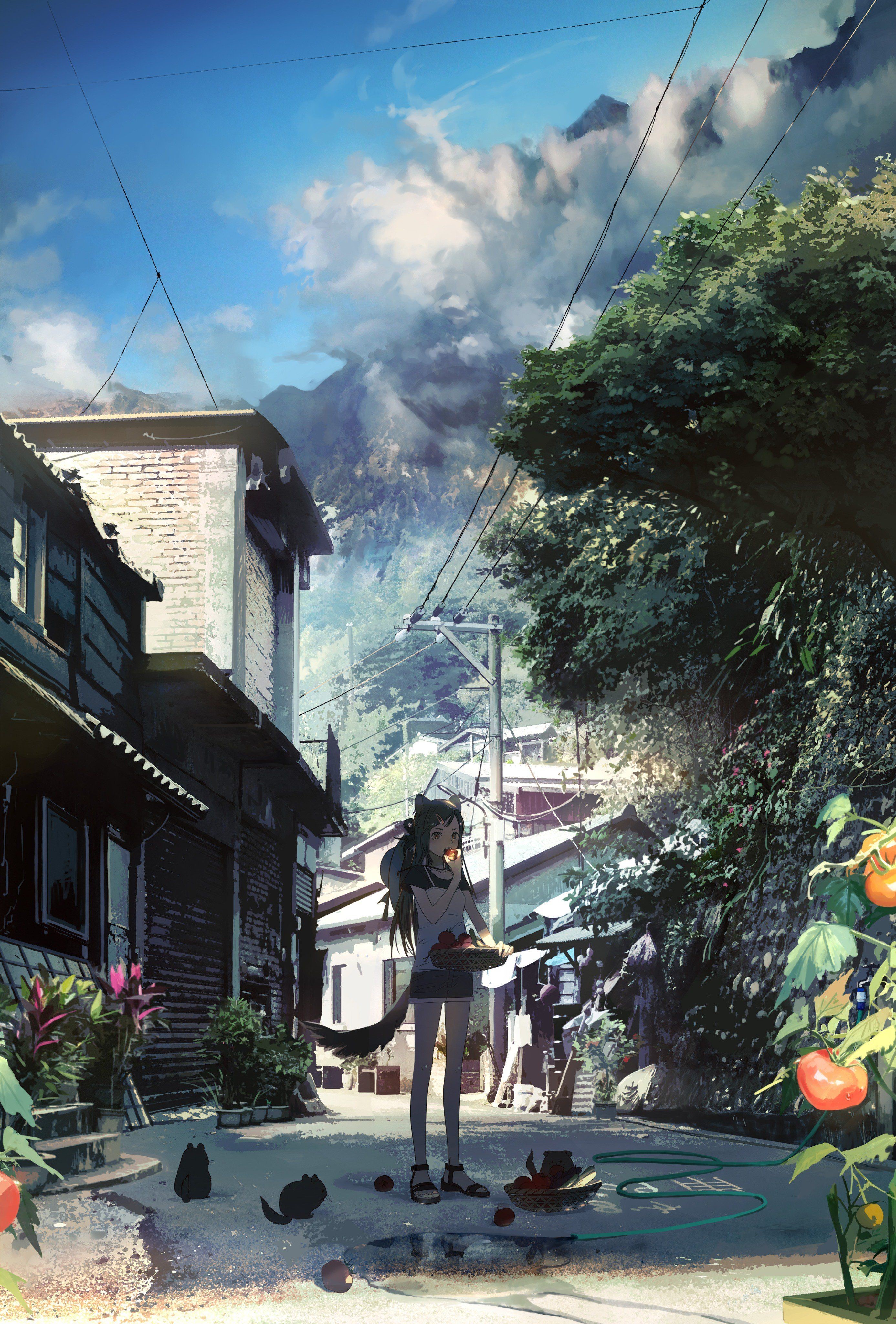 Anime girl with cat ears and tail in a village HD Phone Wallpaper