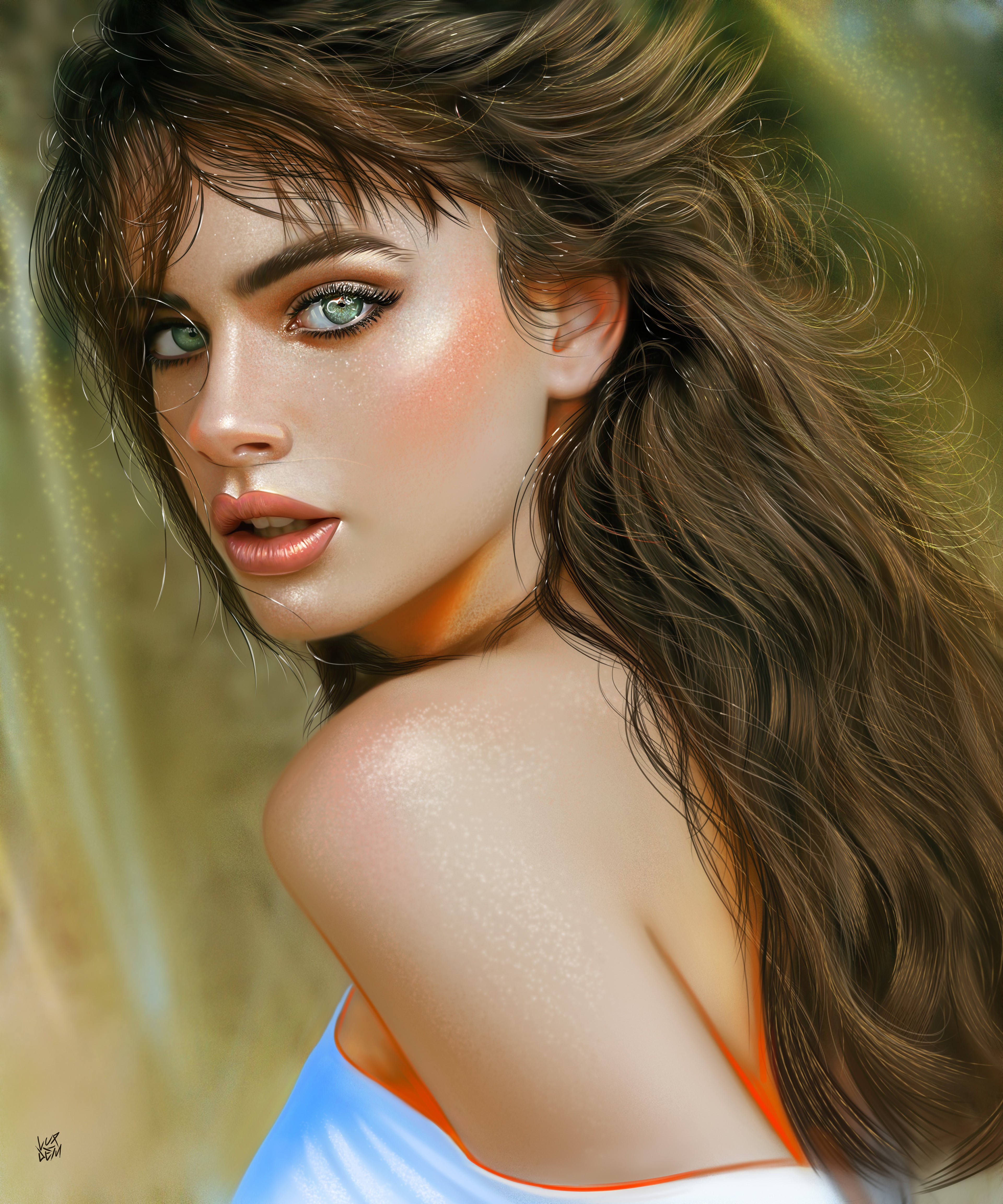 Digital painting of a woman with long brown hair and green eyes HD Phone Wallpaper