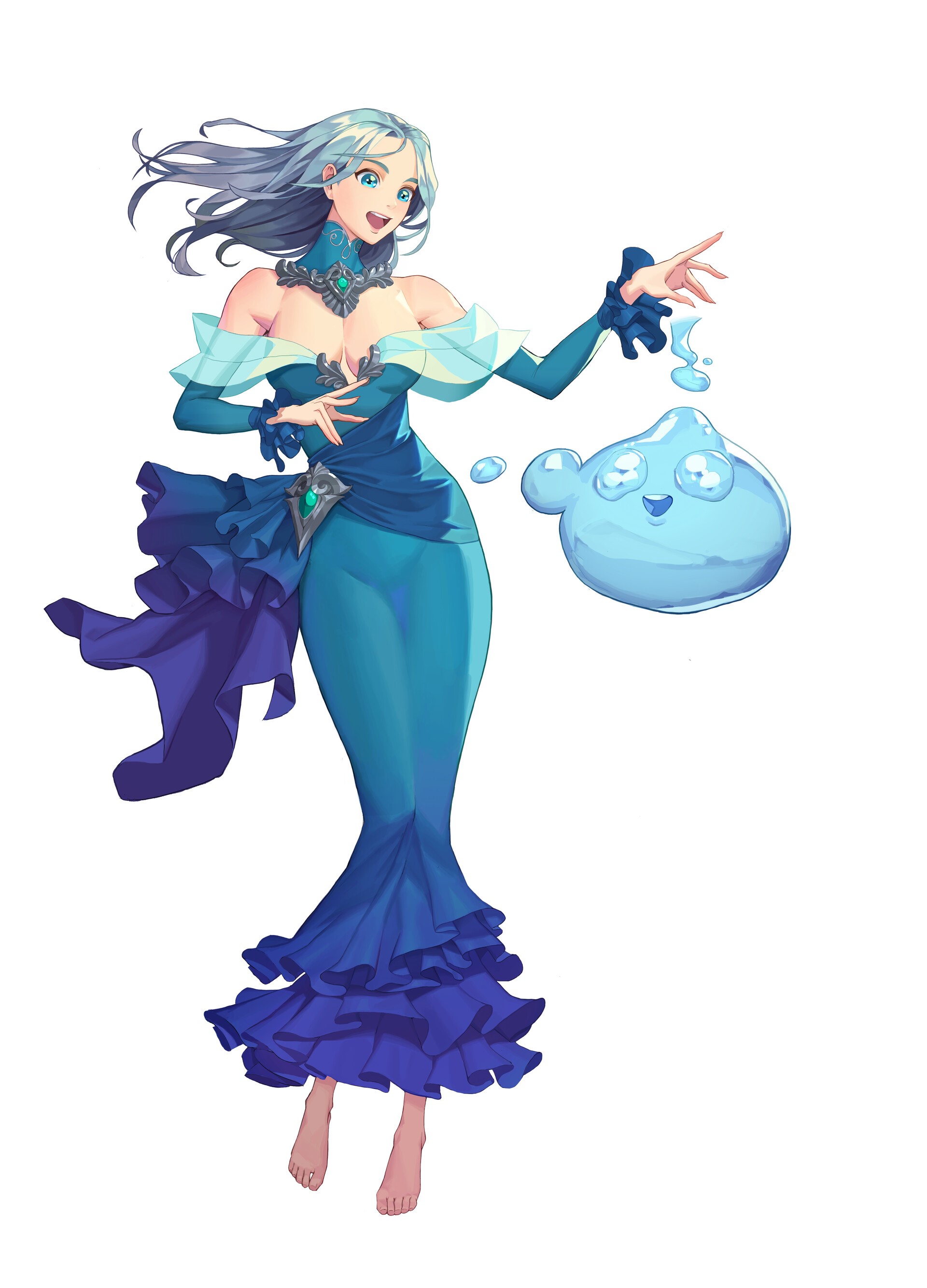 Fantasy girl in blue dress with water slime HD Phone Wallpaper