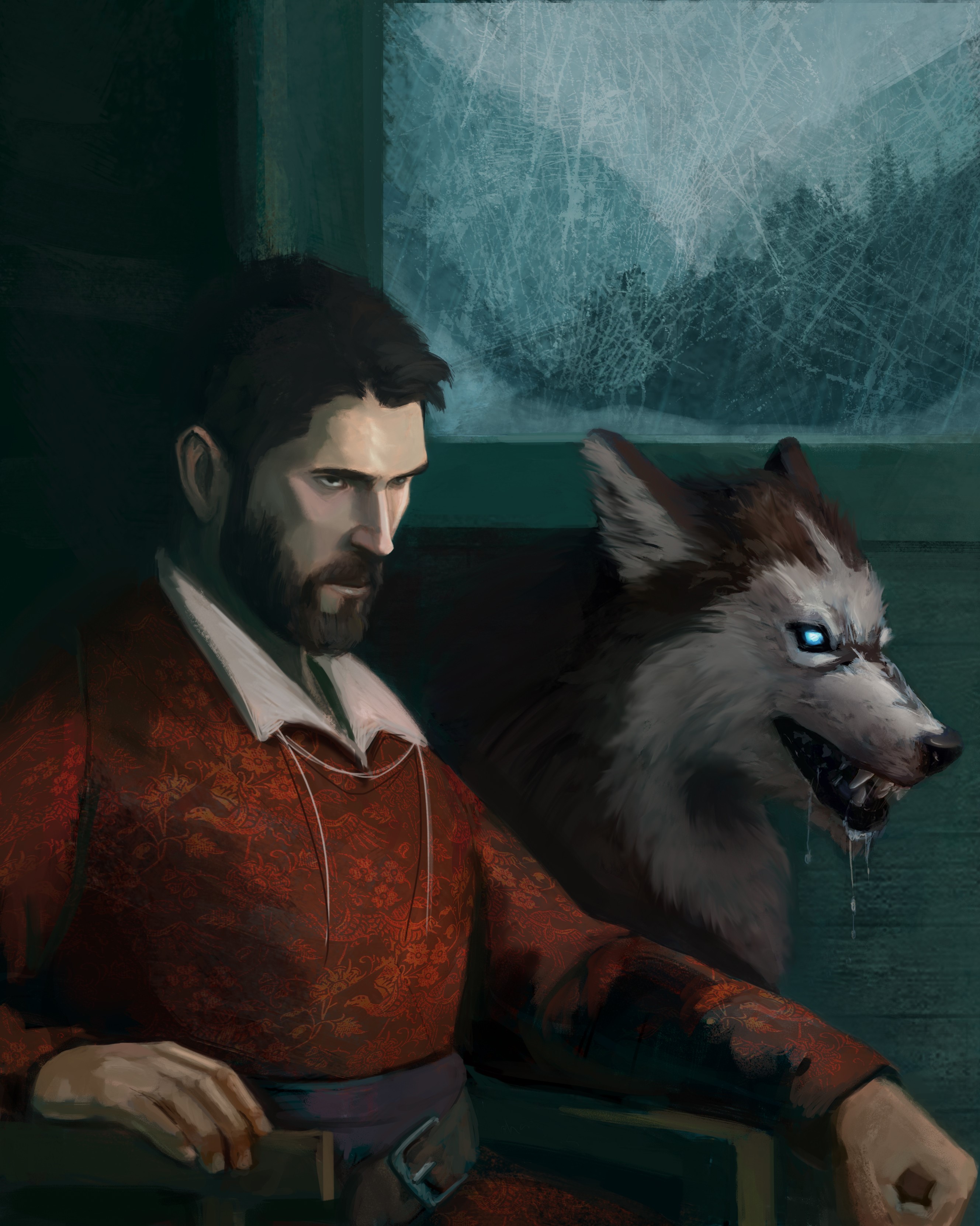 Man and wolf by a window HD Phone Wallpaper