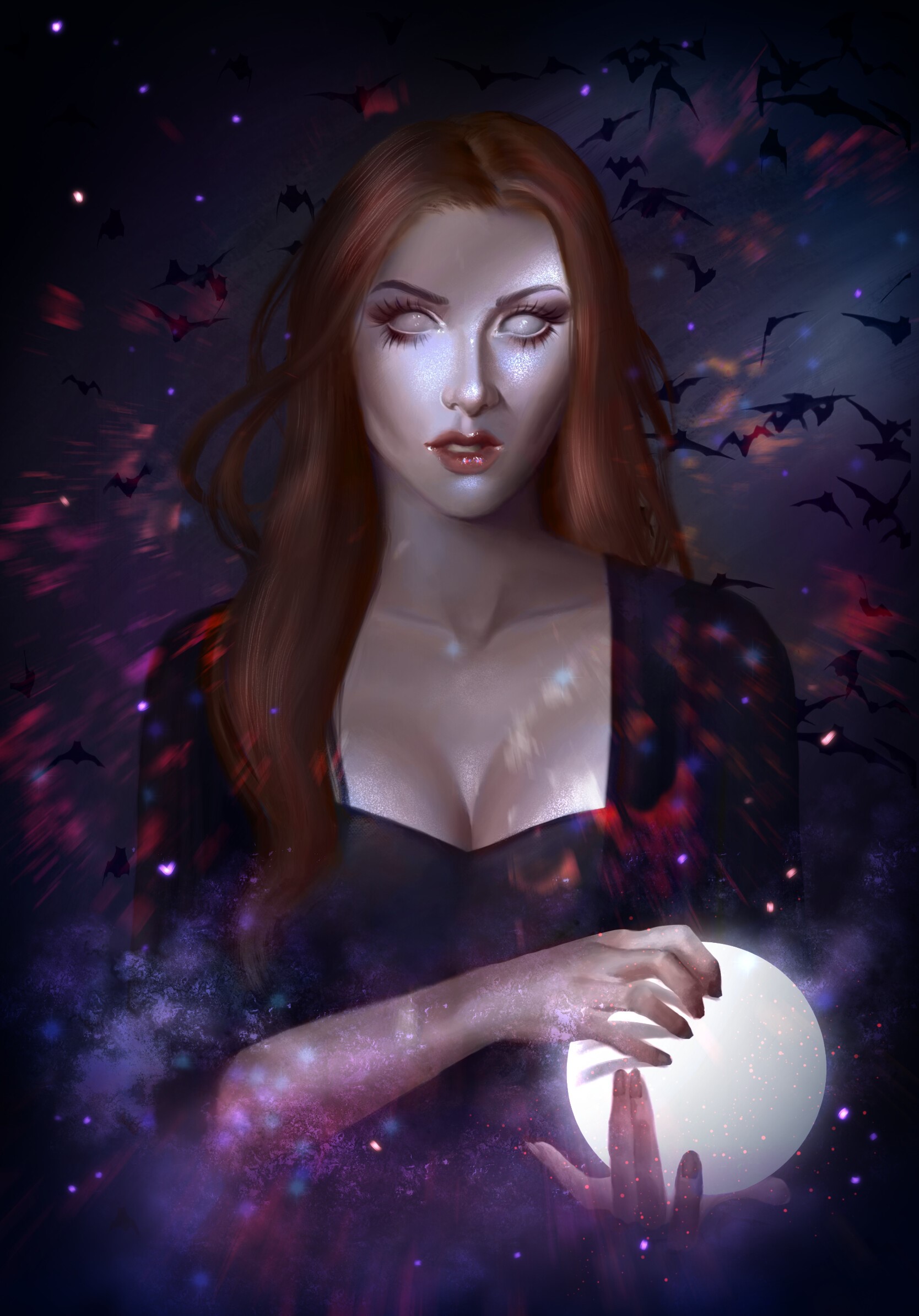 Artwork of a woman with white eyes holding a crystal ball HD Phone Wallpaper