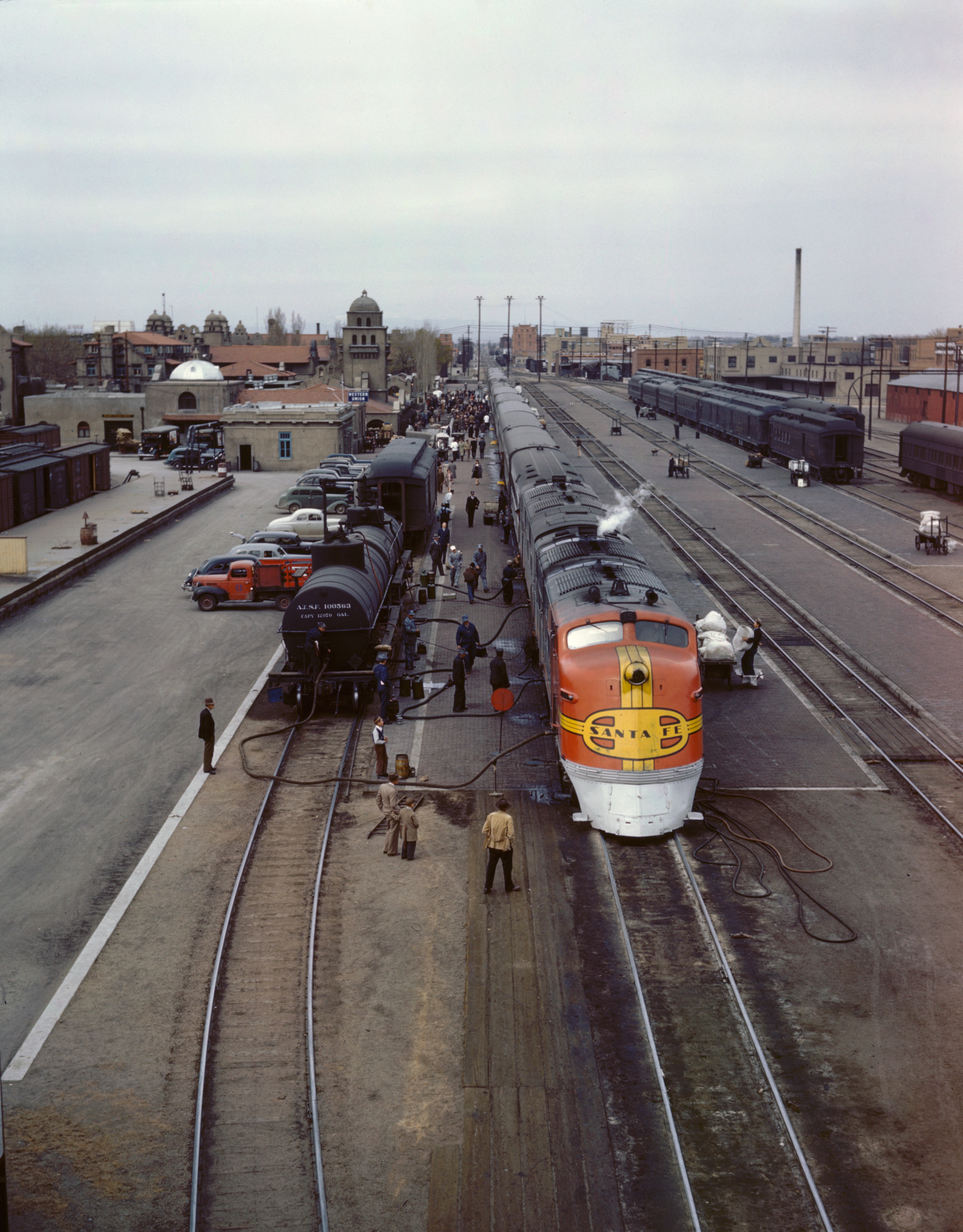 Santa Fe Diesel Locomotive Refueling at Rail Yard HD Phone Wallpaper