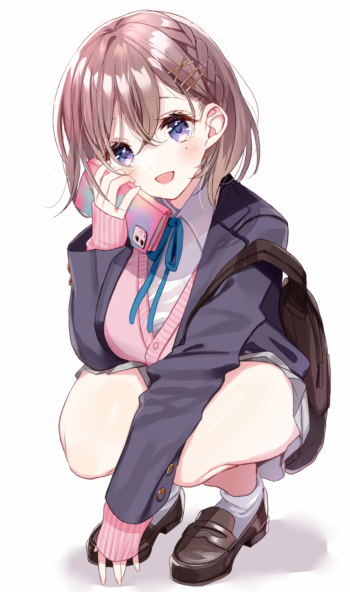 Anime girl with purple eyes holding a phone HD Phone Wallpaper