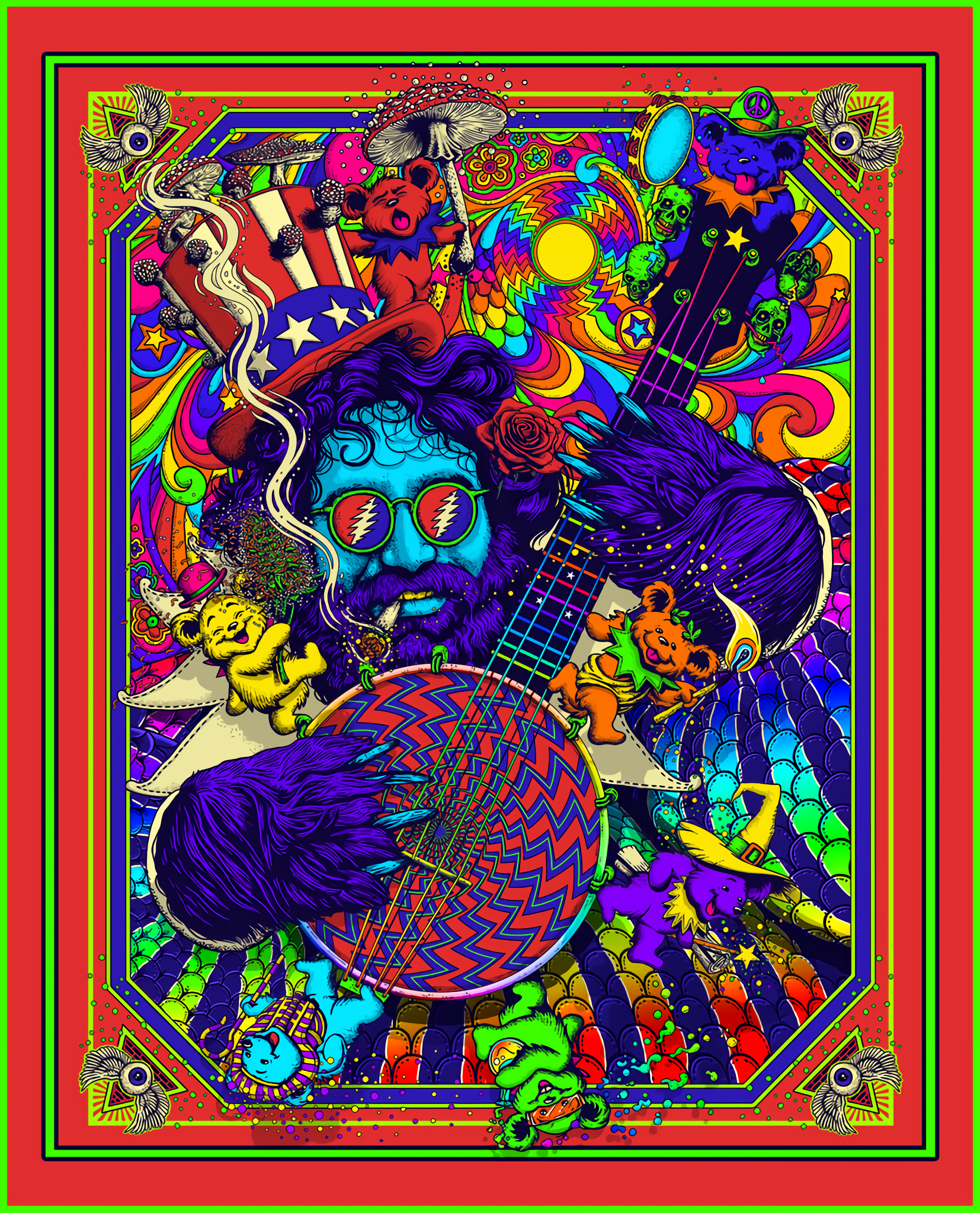 Psychedelic artwork of a man playing a banjo HD Phone Wallpaper