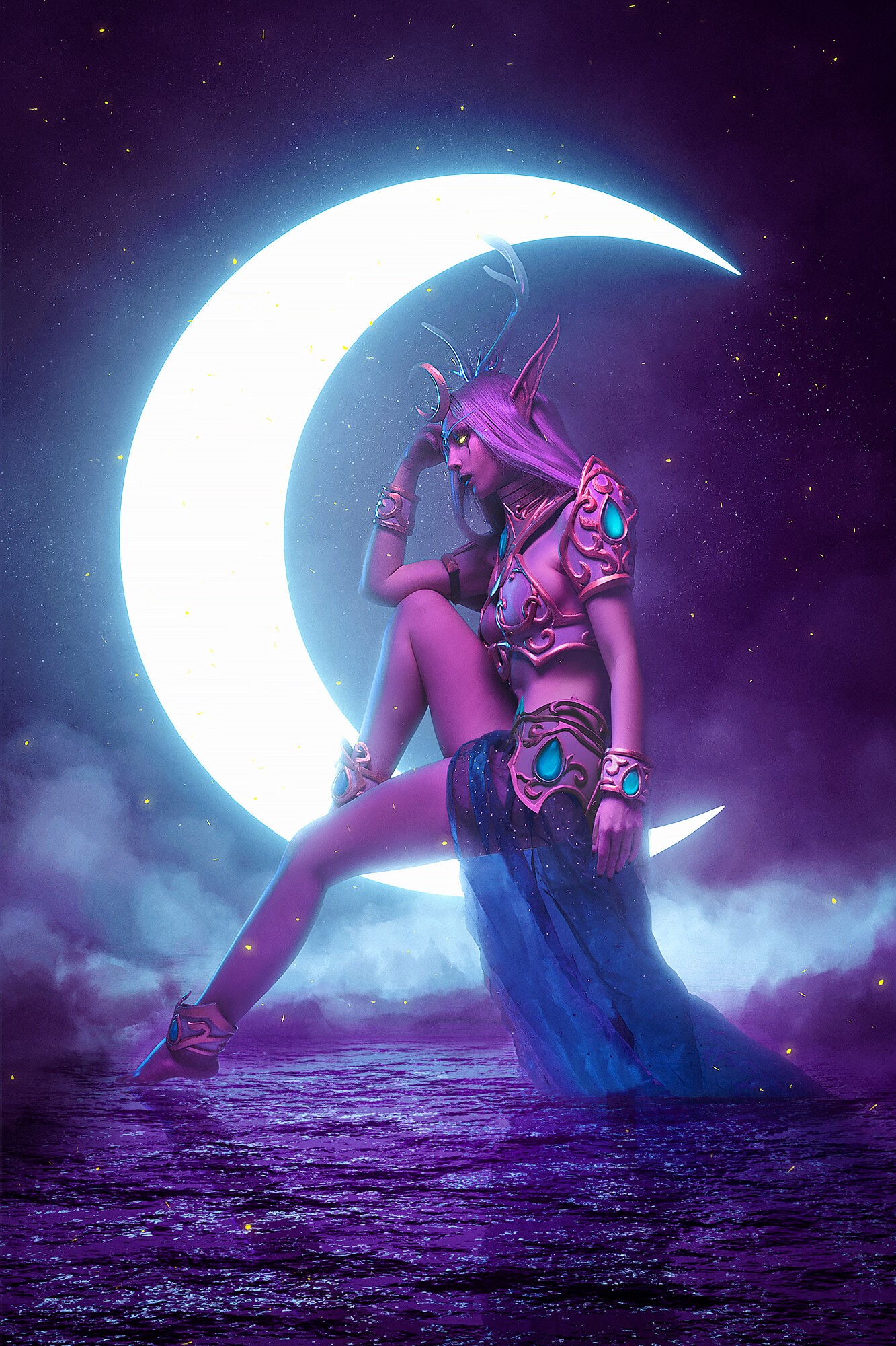 Fantasy Girl Sitting on Crescent Moon HD Phone Wallpaper