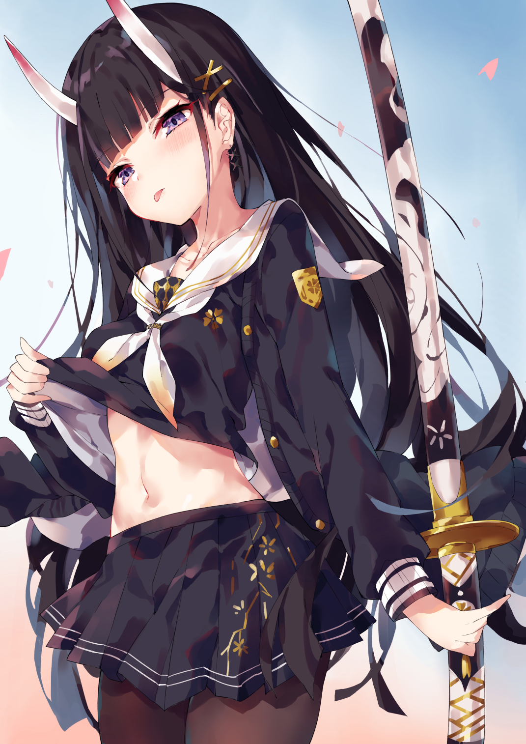 Noshiro from Azur Lane lifting her shirt with a katana HD Phone Wallpaper