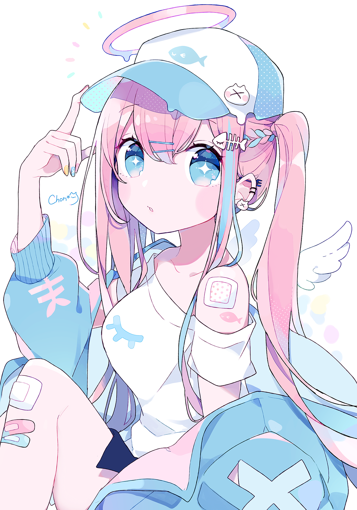 Anime girl with pink hair and blue eyes, angel wings, wearing a cap HD Phone Wallpaper