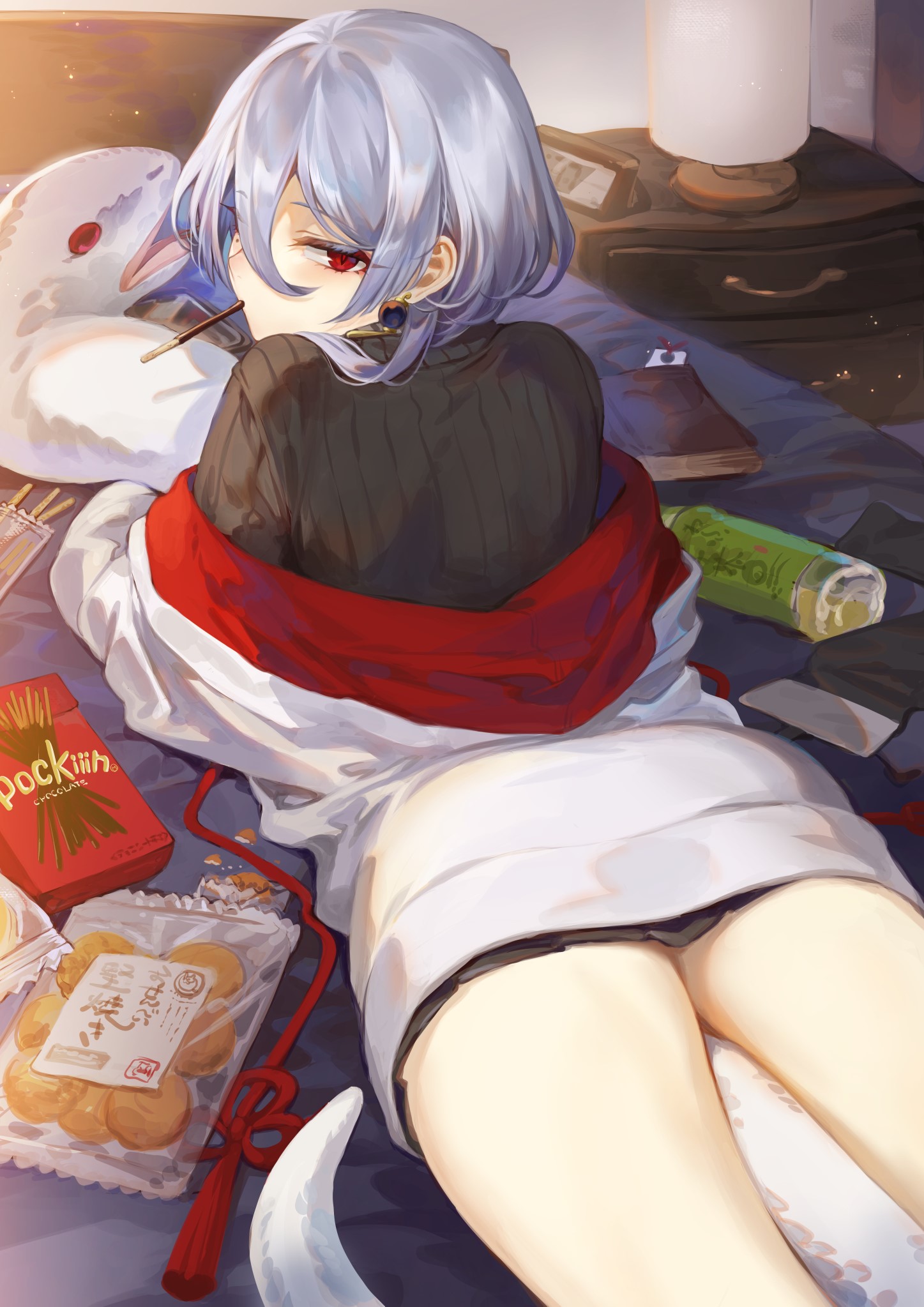 Anime girl with silver hair and red eyes in bed with snacks HD Phone Wallpaper
