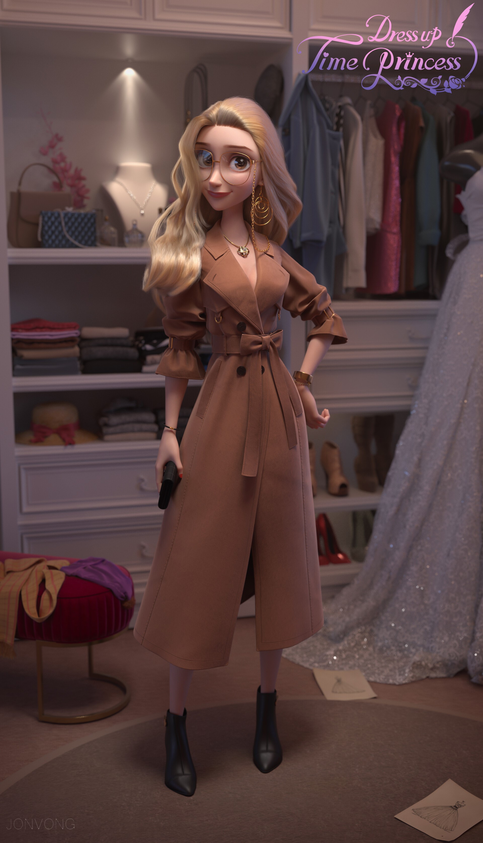 Woman in trench coat in a closet HD Phone Wallpaper