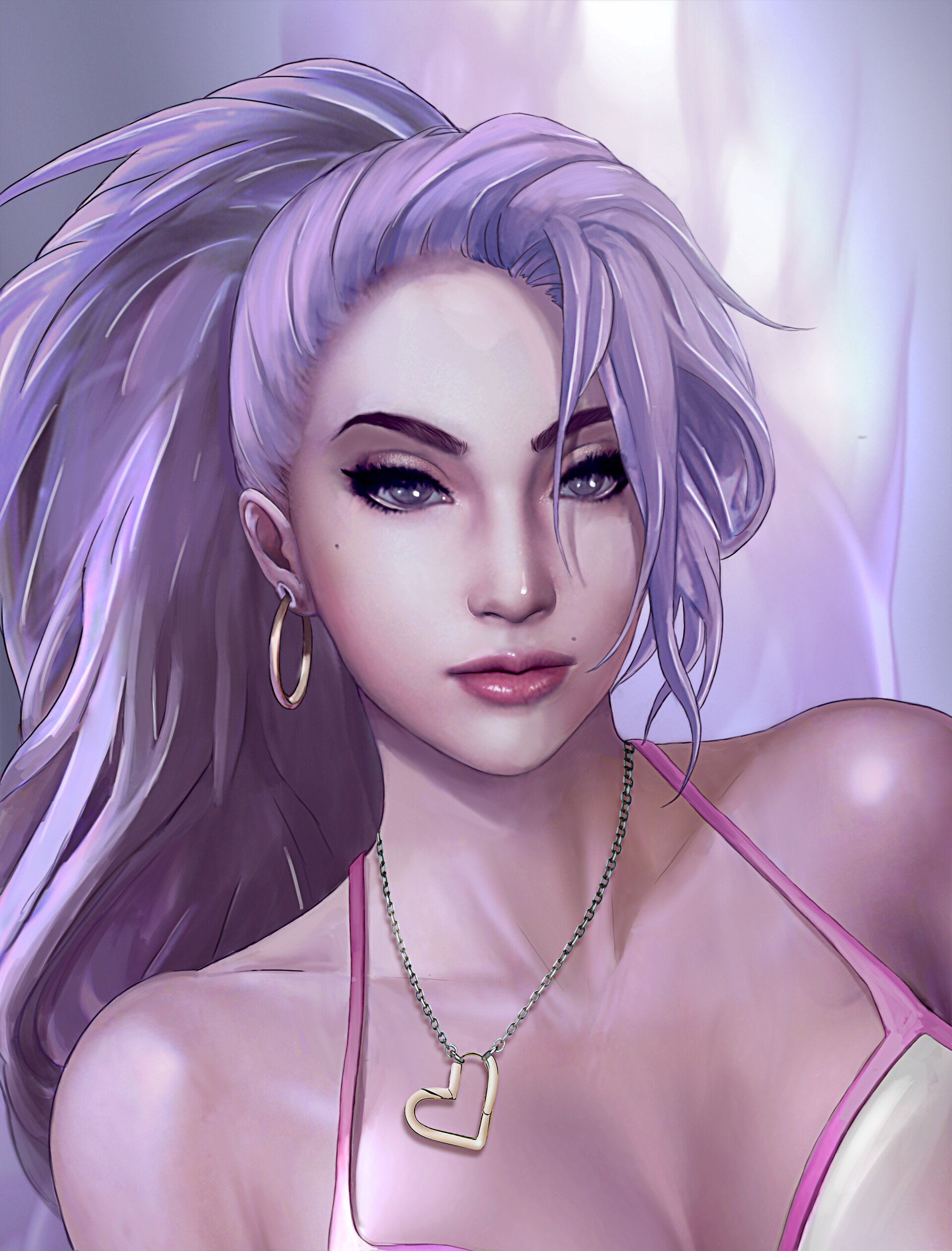 Artwork of a woman with purple hair and a heart necklace HD Phone Wallpaper