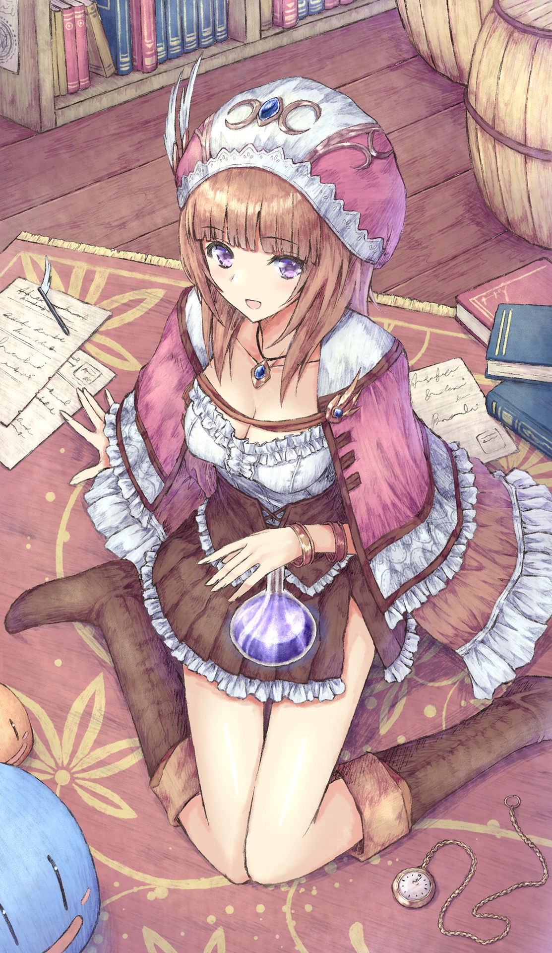 Anime girl with potion in library HD Phone Wallpaper