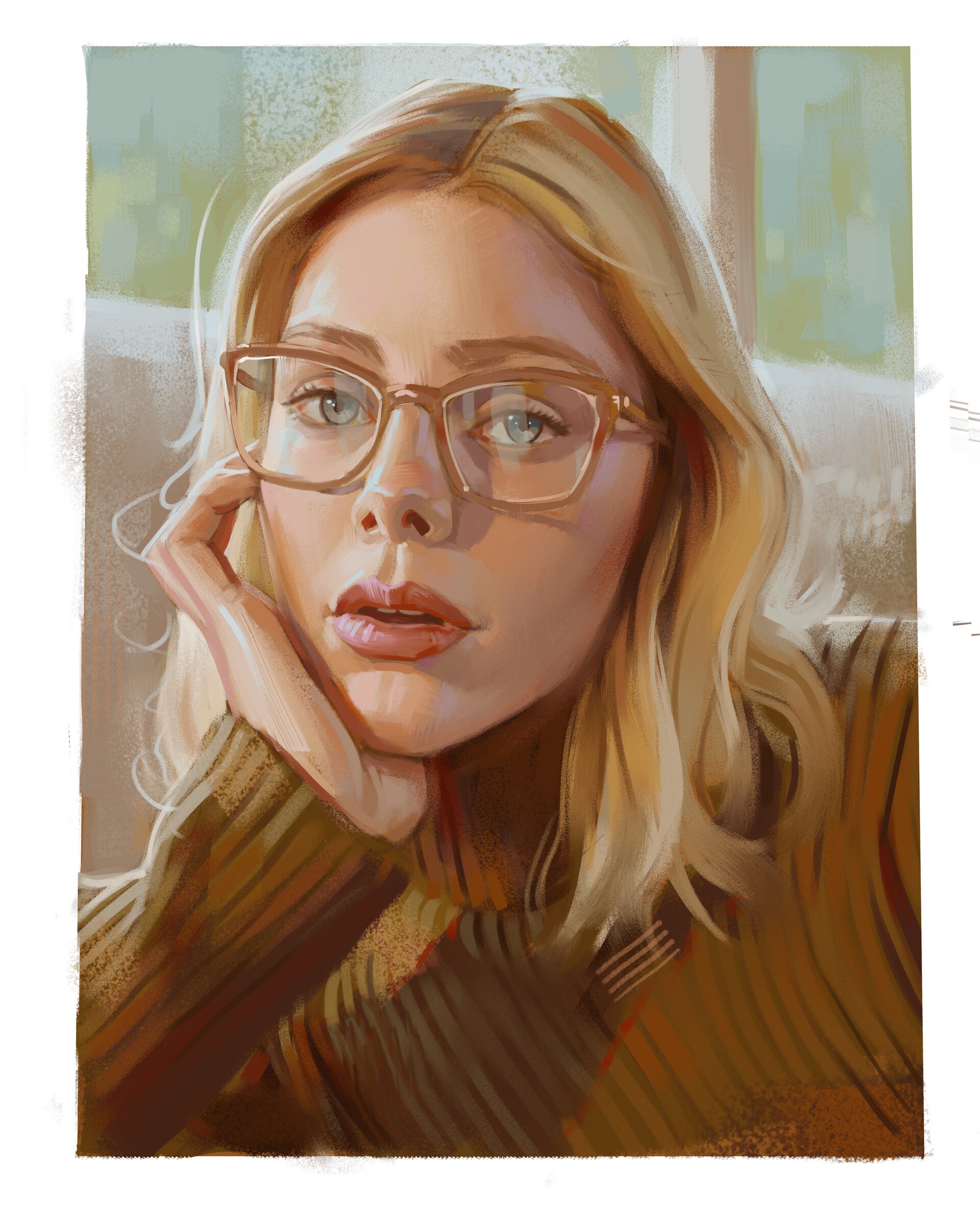 Artwork of a blonde woman with glasses wearing a sweater HD Phone Wallpaper