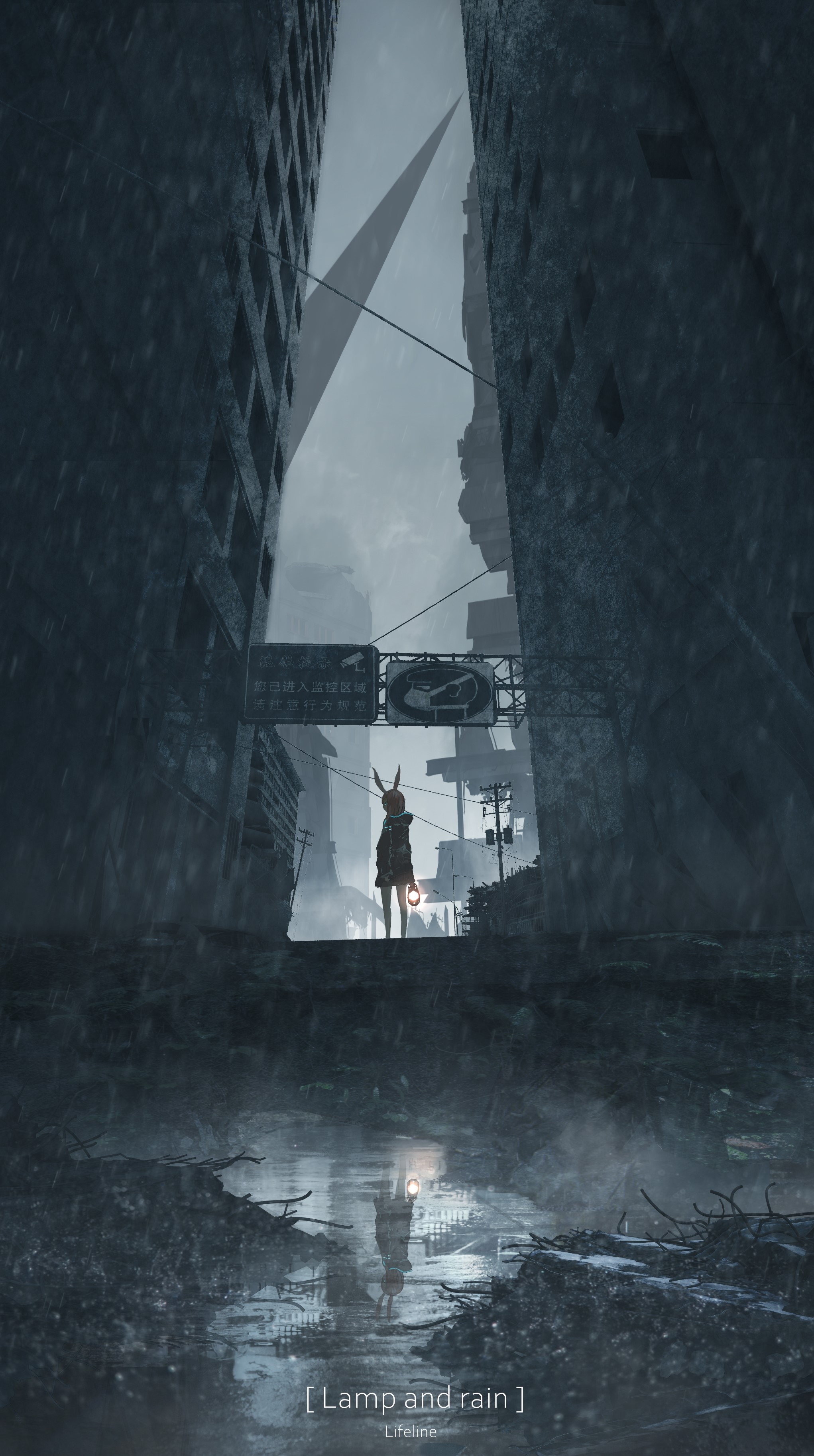 Amiya from Arknights in a ruined city during rain HD Phone Wallpaper