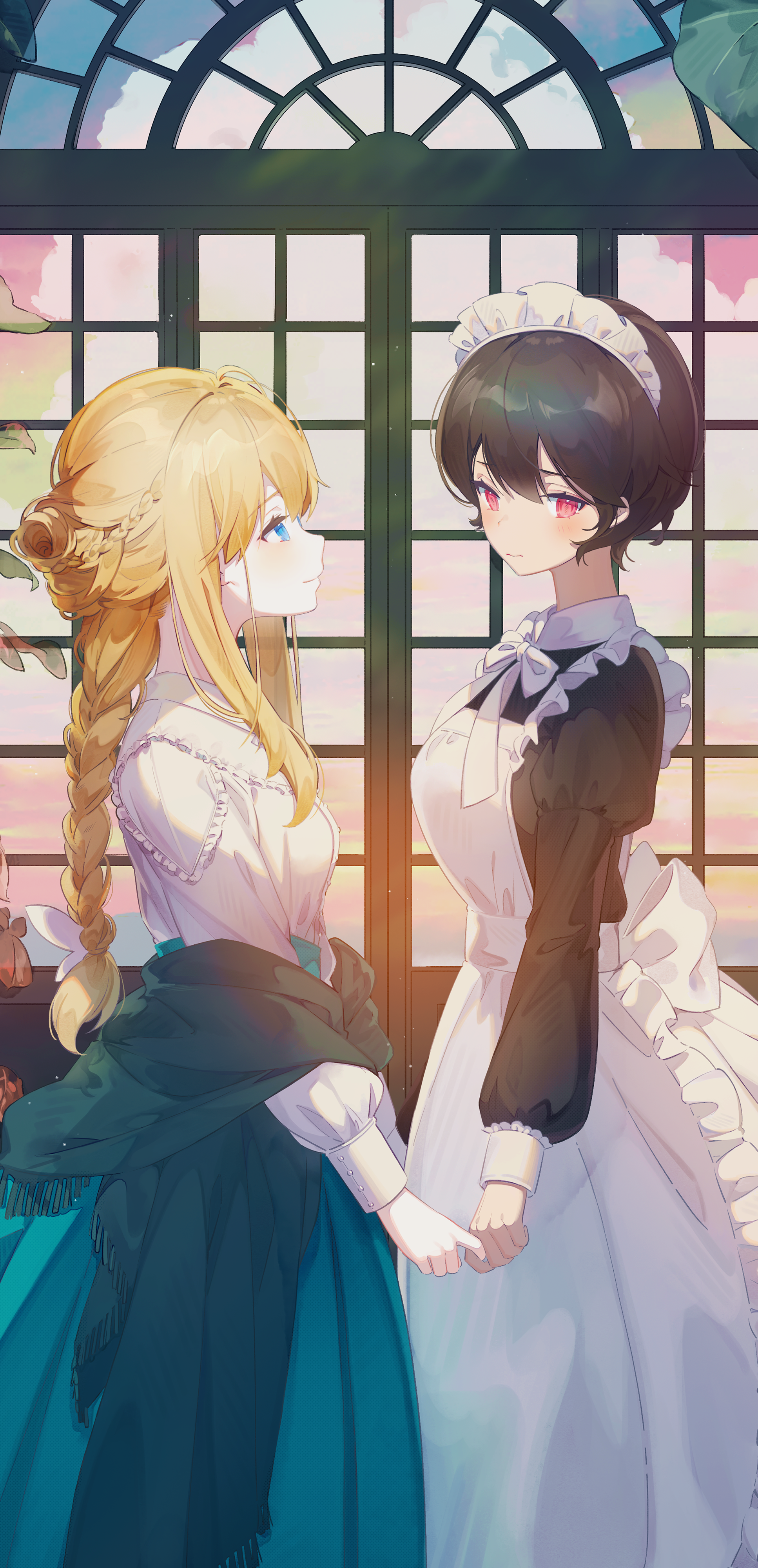 Anime girls holding hands by a window HD Phone Wallpaper