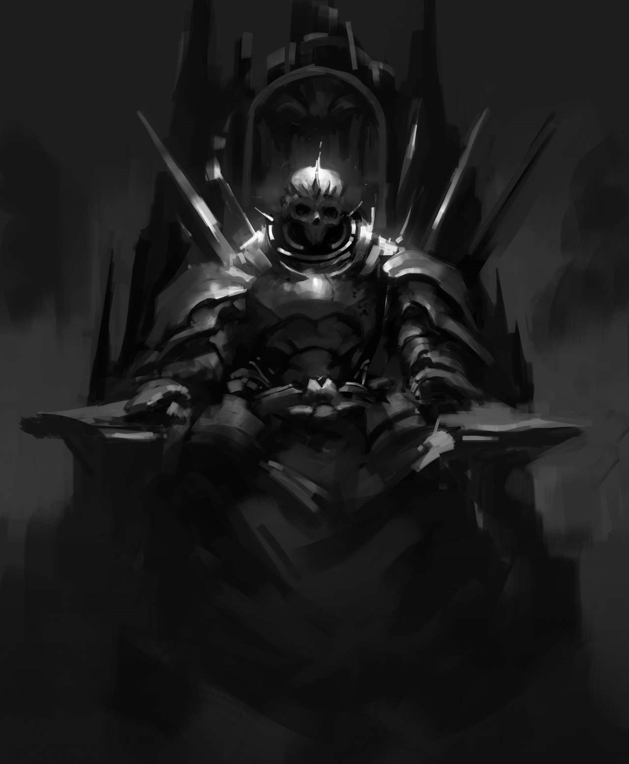 Monochrome fantasy art of a skull-headed warrior on a throne HD Phone Wallpaper