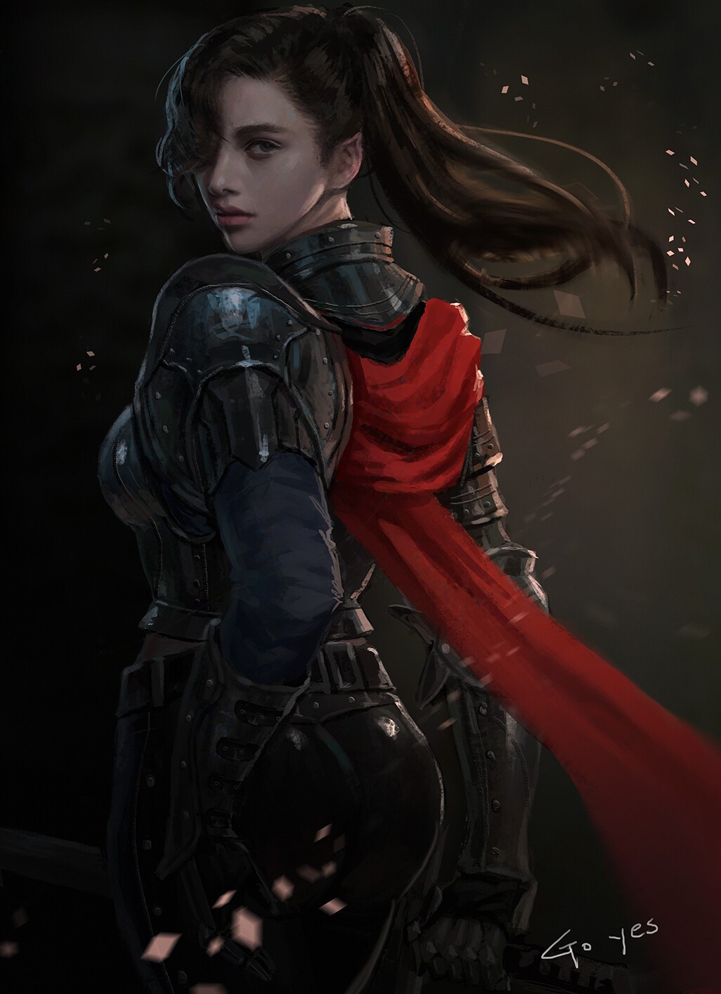 Artwork of a female knight with a red cape HD Phone Wallpaper