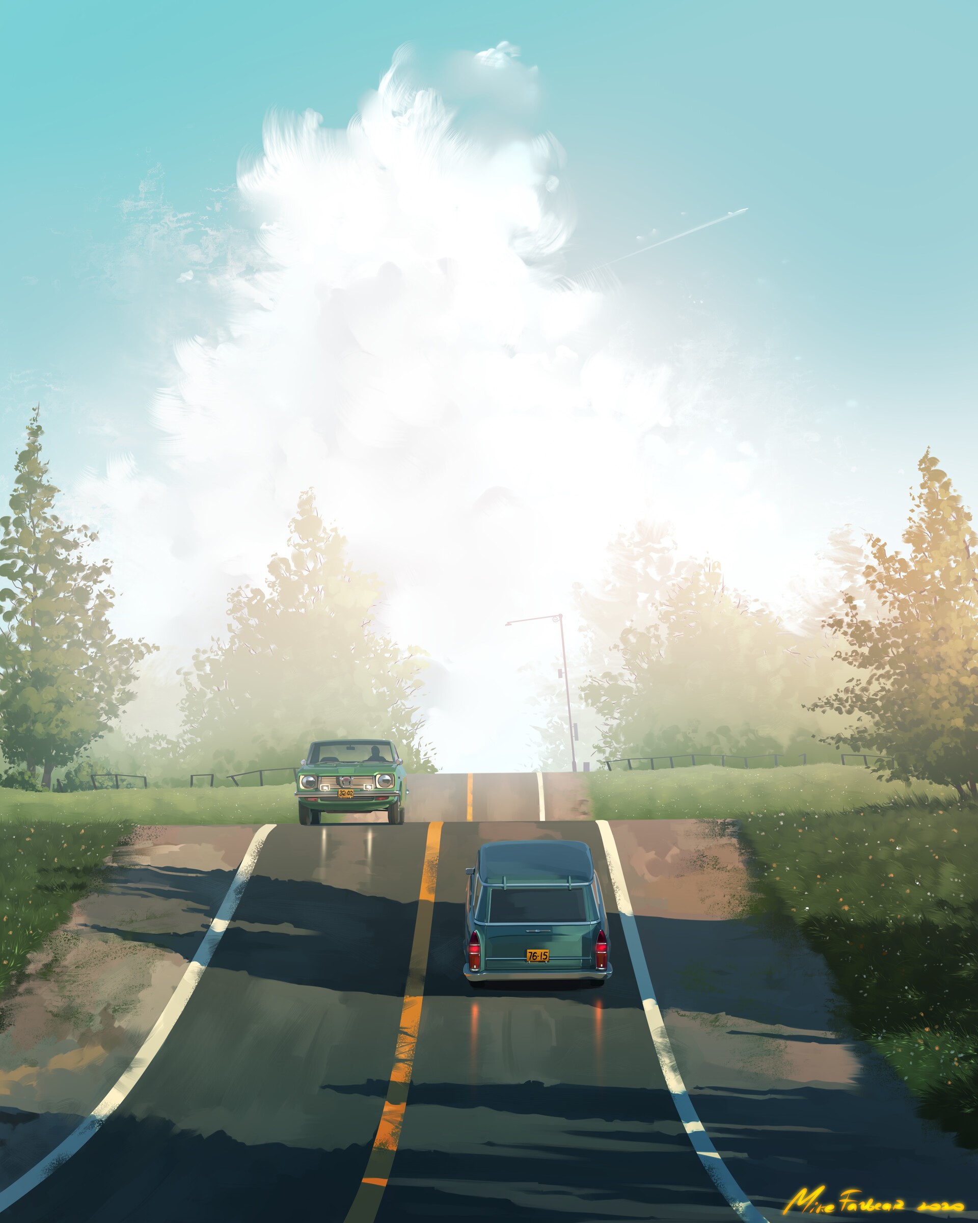 Retro cars on a road with clouds and trees HD Phone Wallpaper