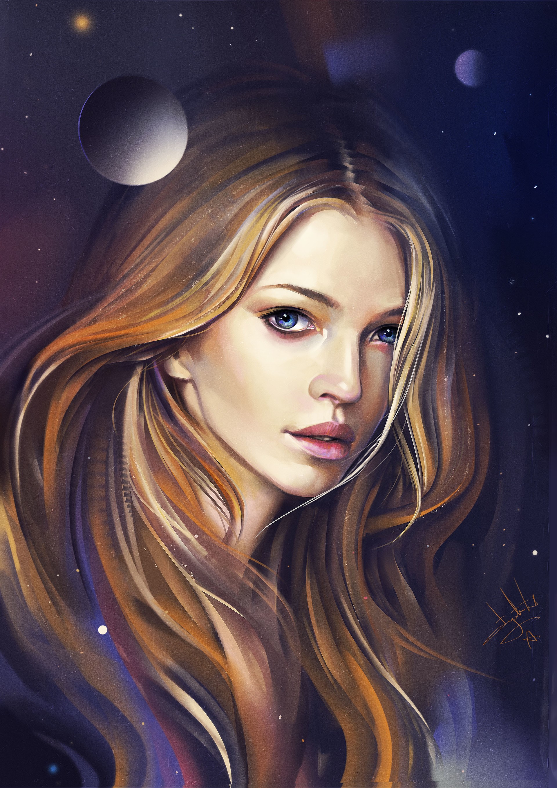 Woman with long blonde hair in space with planets HD Phone Wallpaper