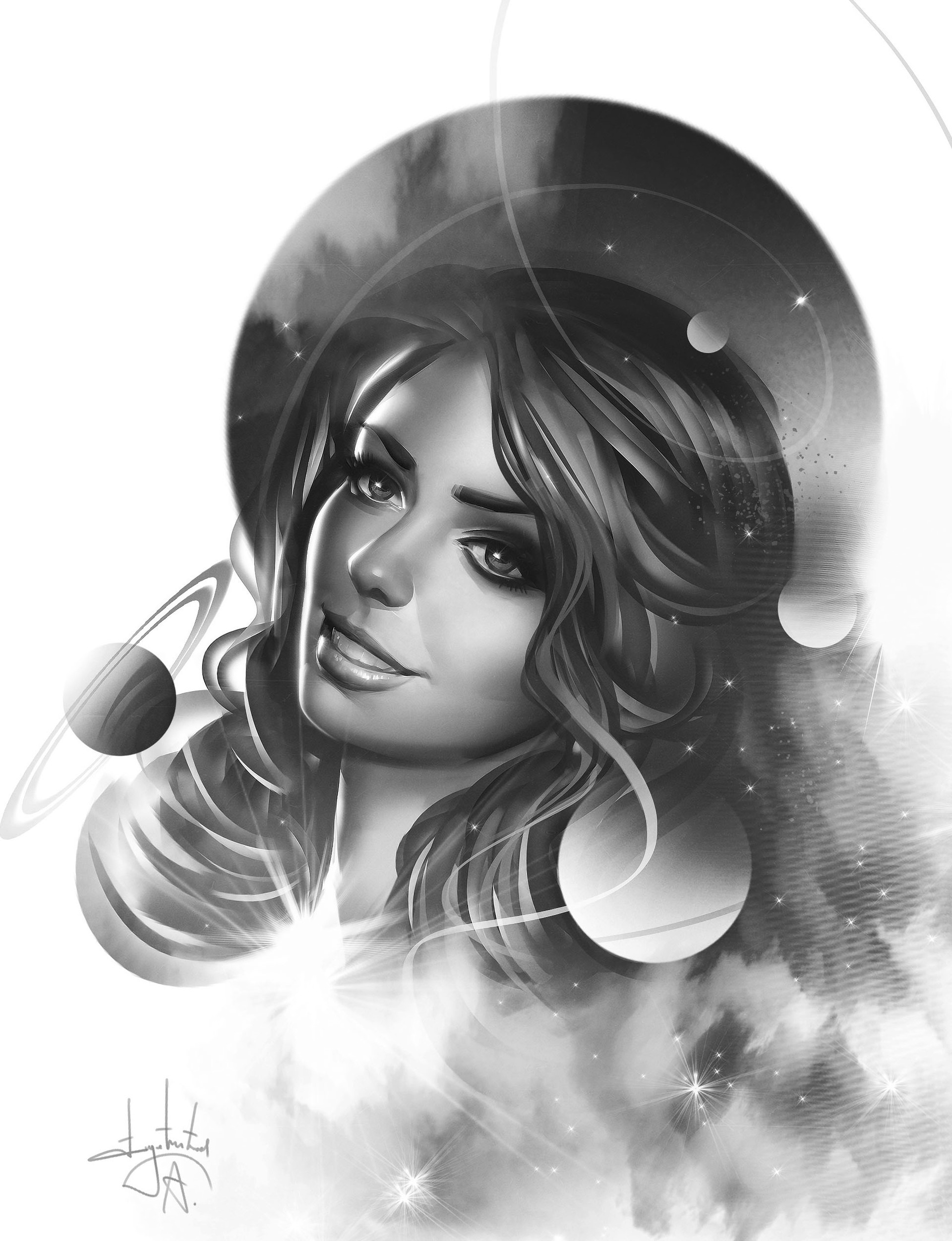Monochrome portrait of a woman with planets and stars HD Phone Wallpaper