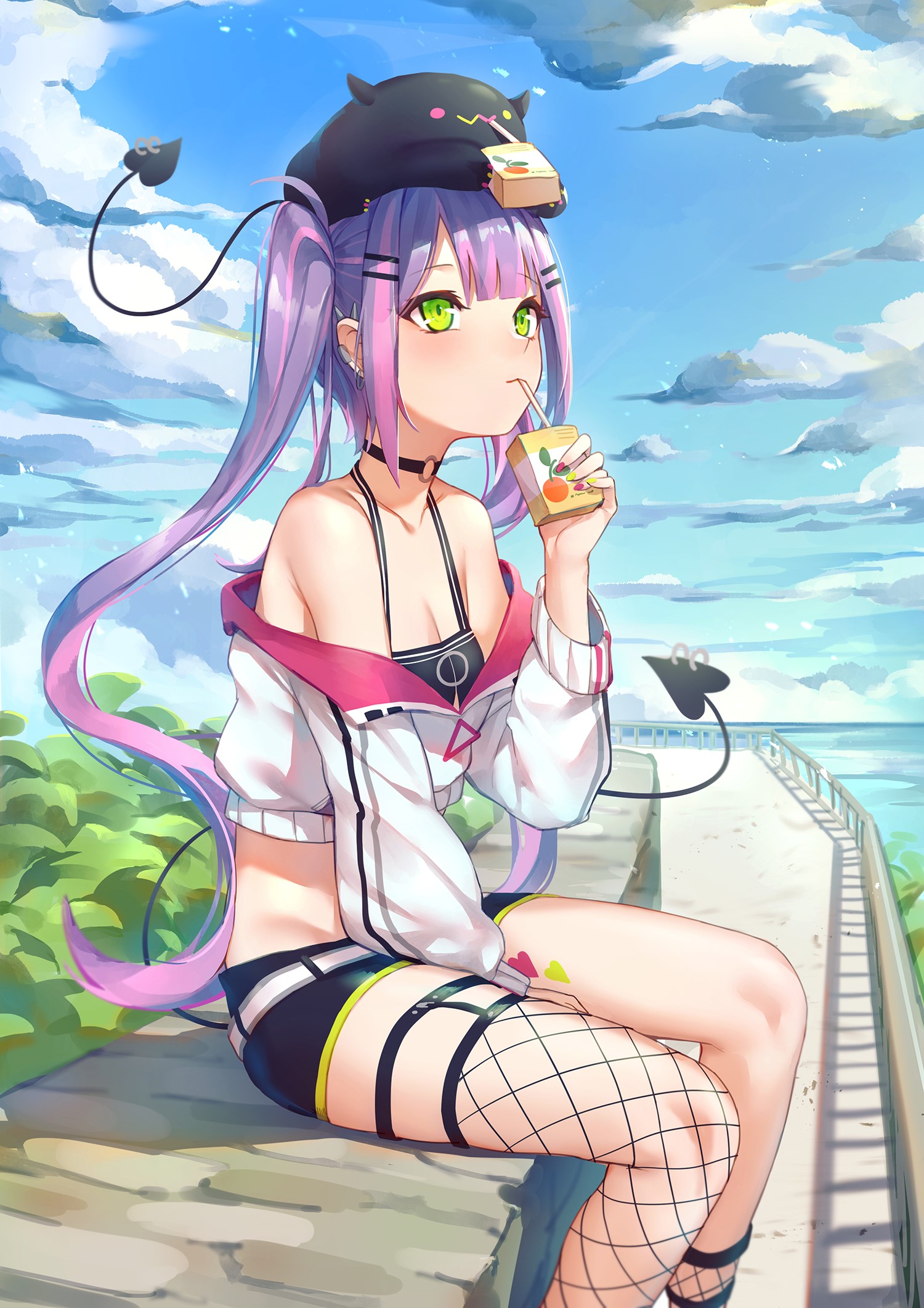 Tokoyami Towa from Hololive drinking juice by the sea HD Phone Wallpaper