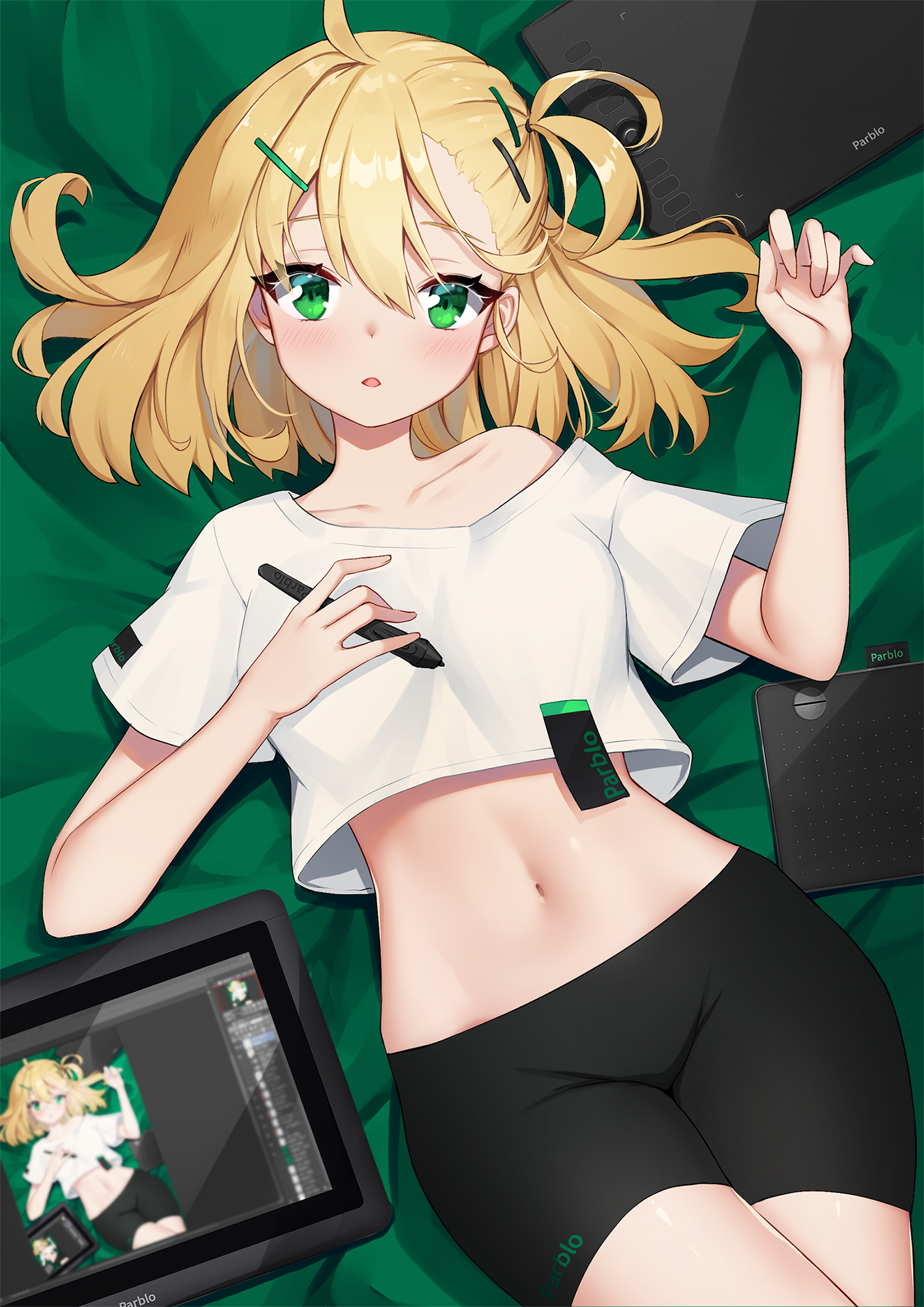 Anime girl with blonde hair and green eyes holding a stylus HD Phone Wallpaper
