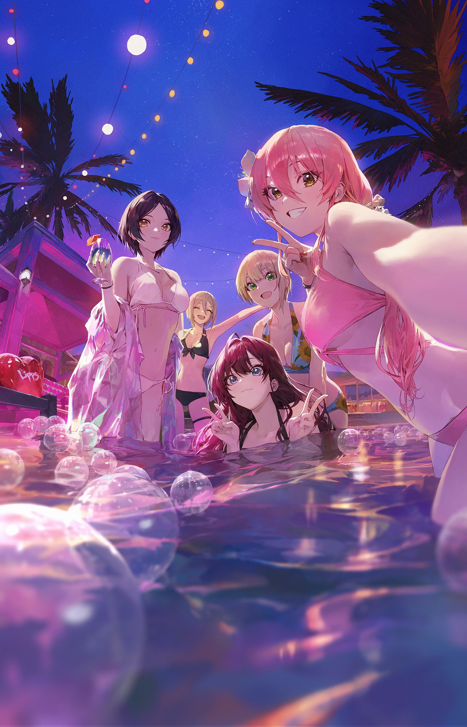 Anime girls in bikinis at a pool party at night HD Phone Wallpaper