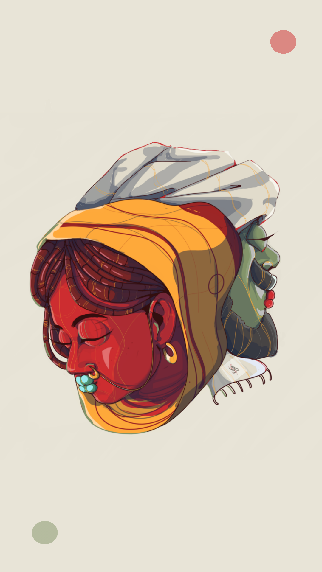 Illustration of two faces with head coverings HD Phone Wallpaper
