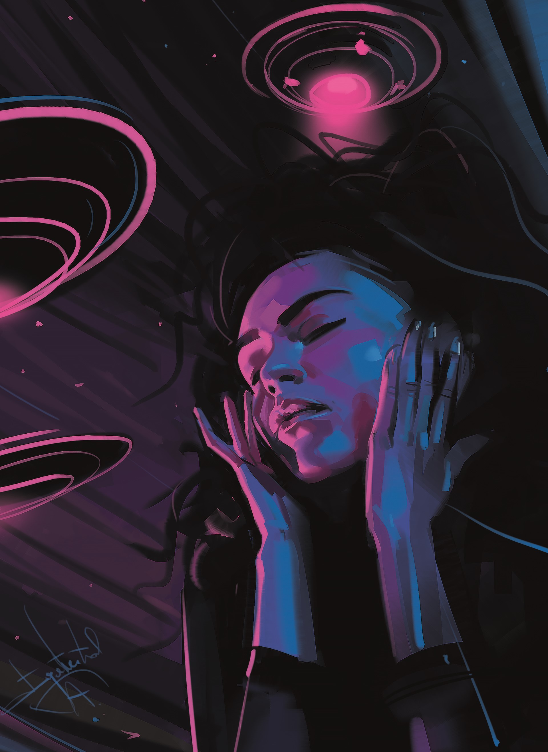 Woman with closed eyes under purple lights HD Phone Wallpaper