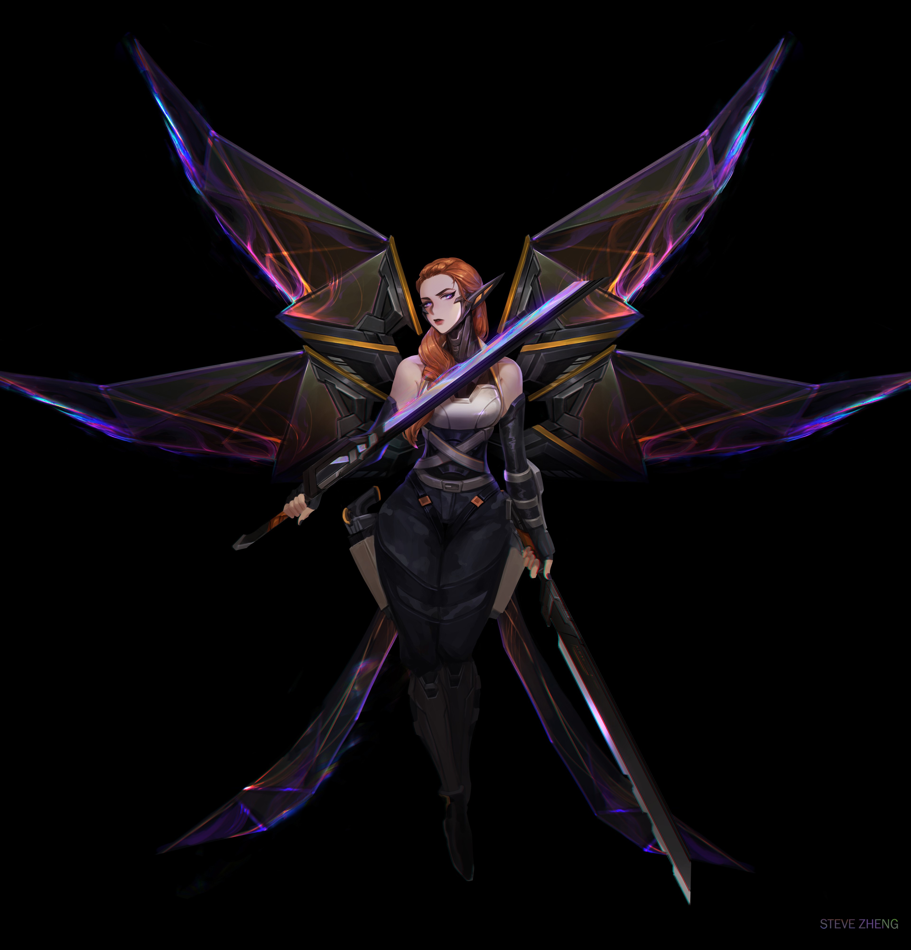 Fantasy redhead elf with wings and swords HD Phone Wallpaper