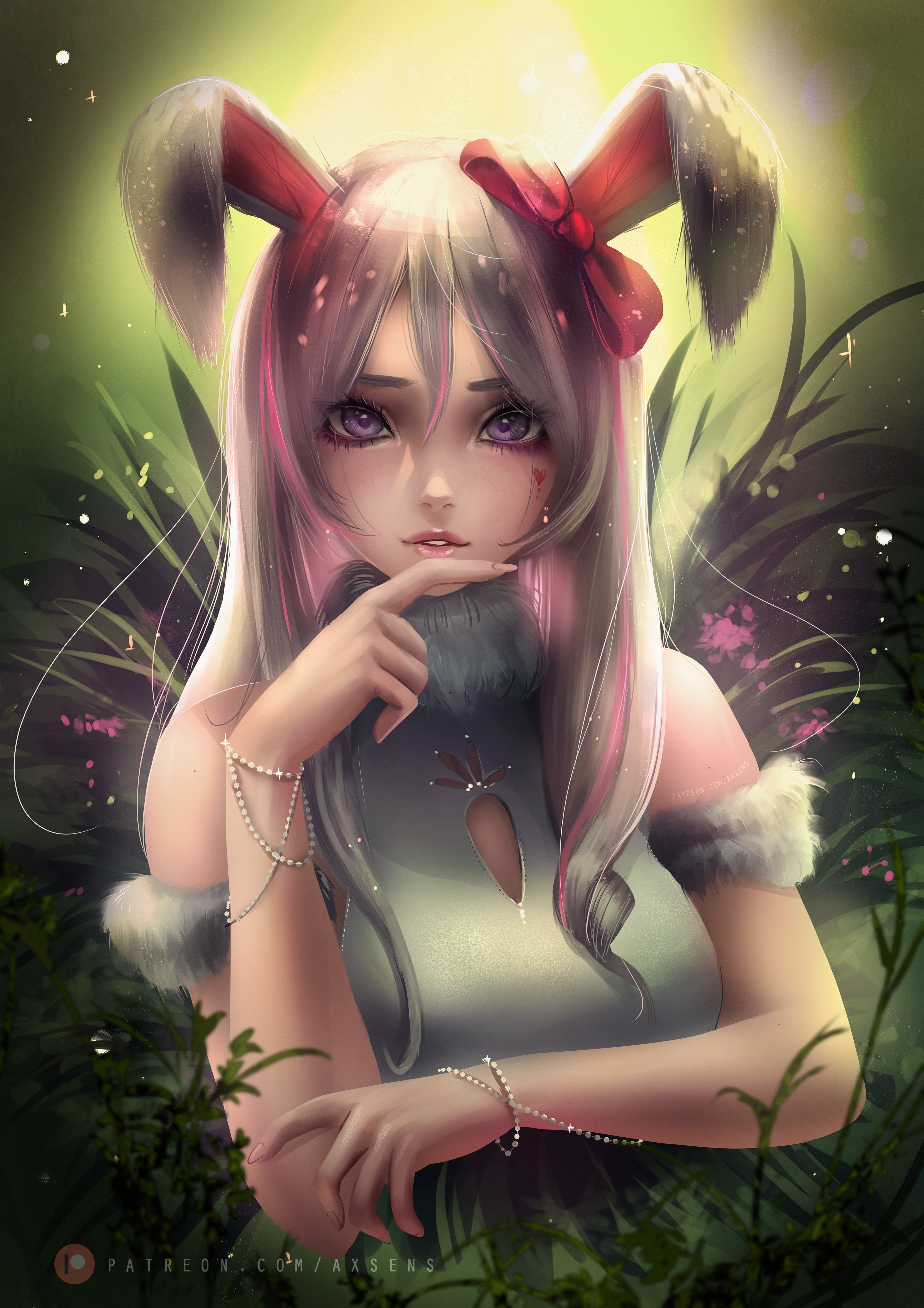Girl with bunny ears and purple eyes in nature HD Phone Wallpaper