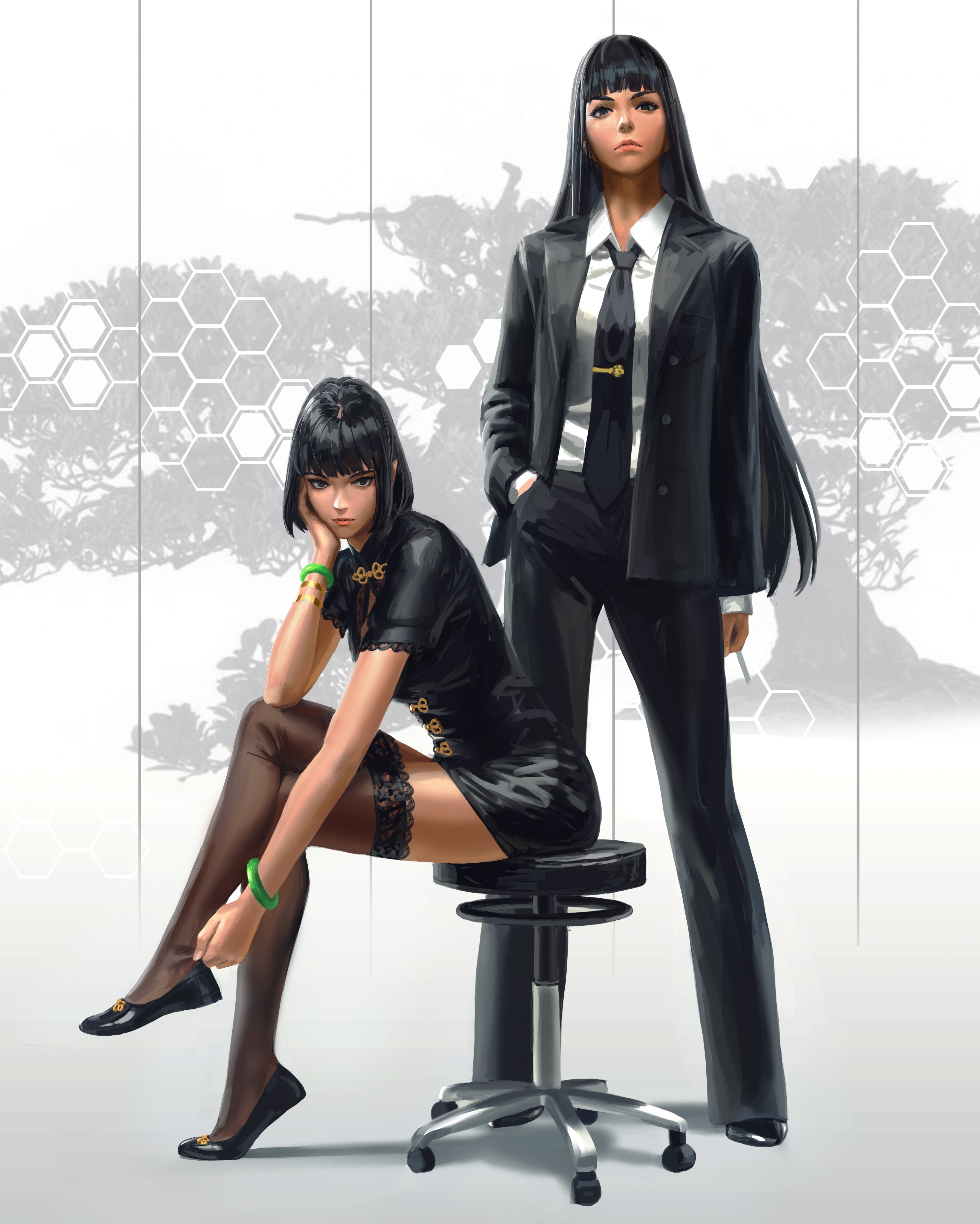 Two women in black outfits, digital art HD Phone Wallpaper
