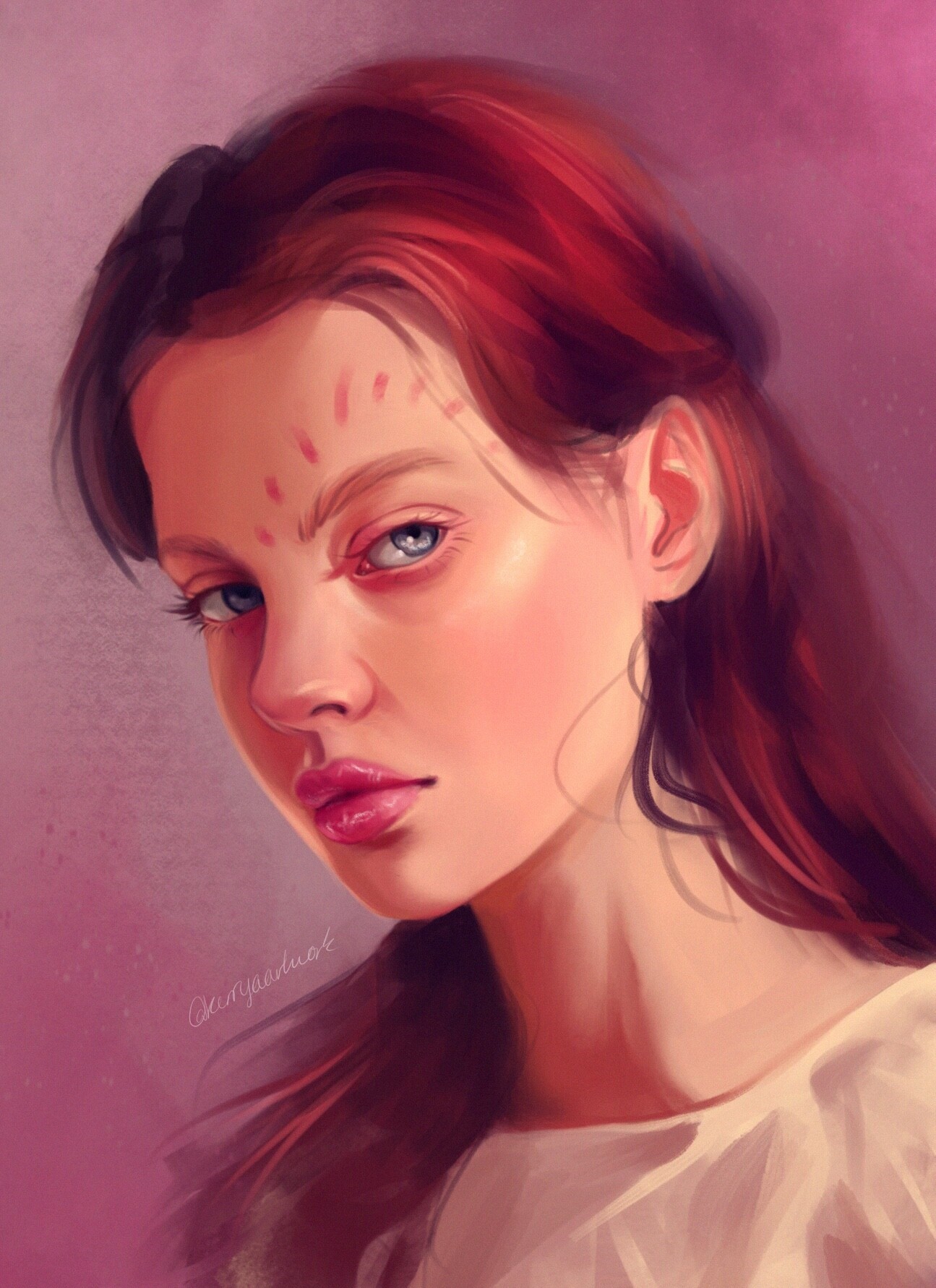 Digital painting of a young woman with red hair and blue eyes HD Phone Wallpaper