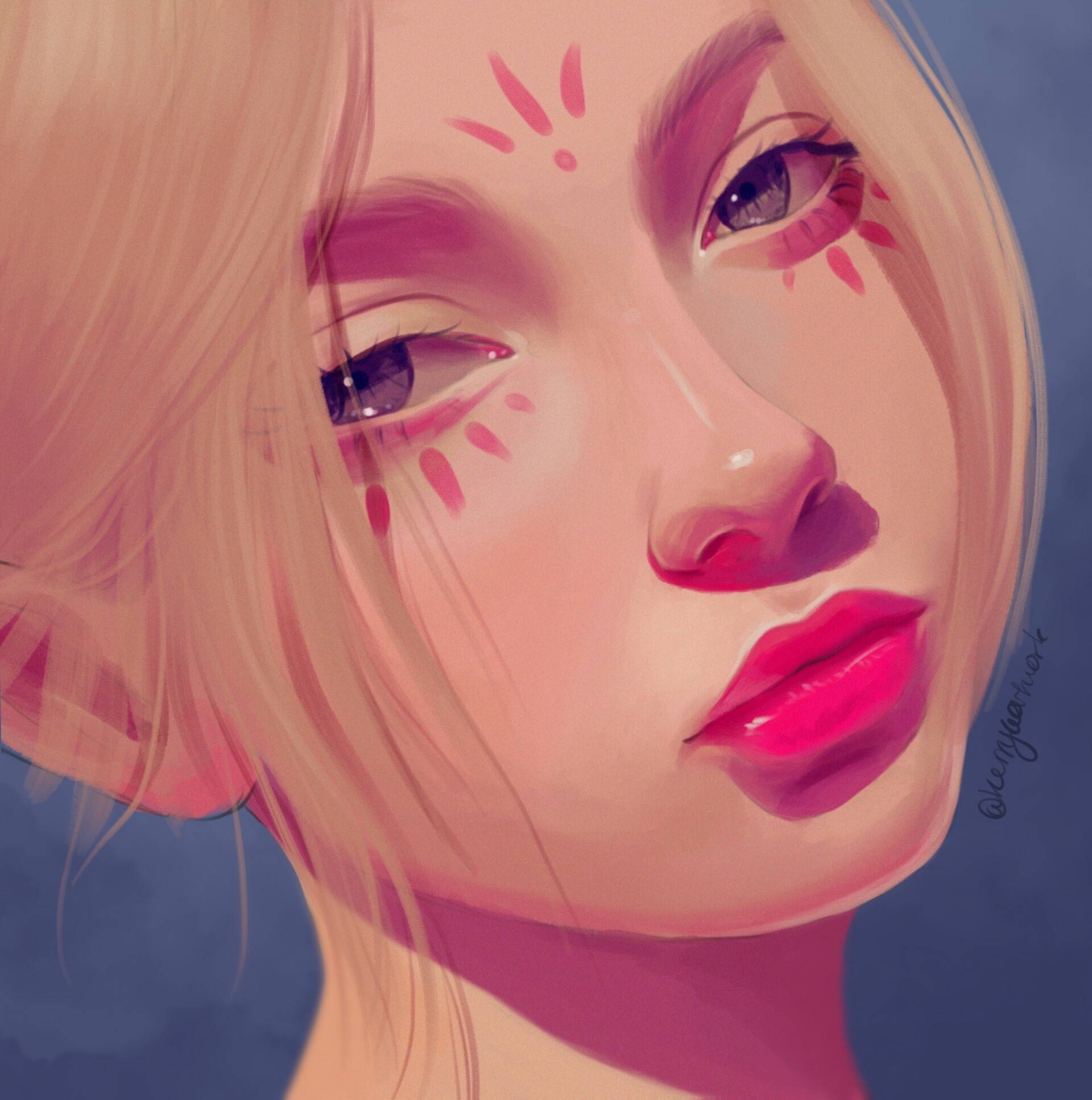 Artwork of a blonde woman with pink face markings and red lipstick HD Phone Wallpaper