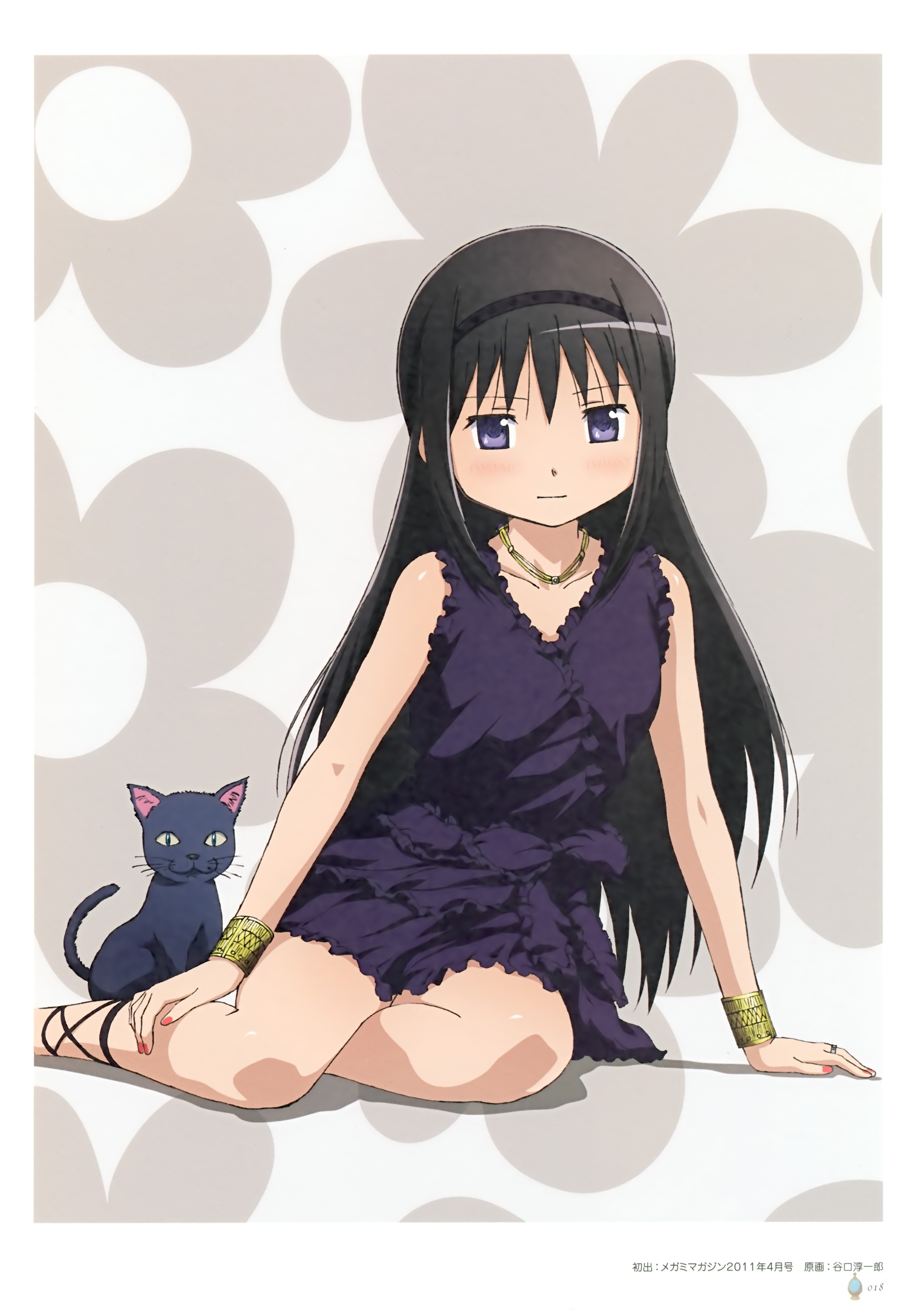 Akemi Homura from Mahou Shoujo Madoka Magica with a cat HD Phone Wallpaper