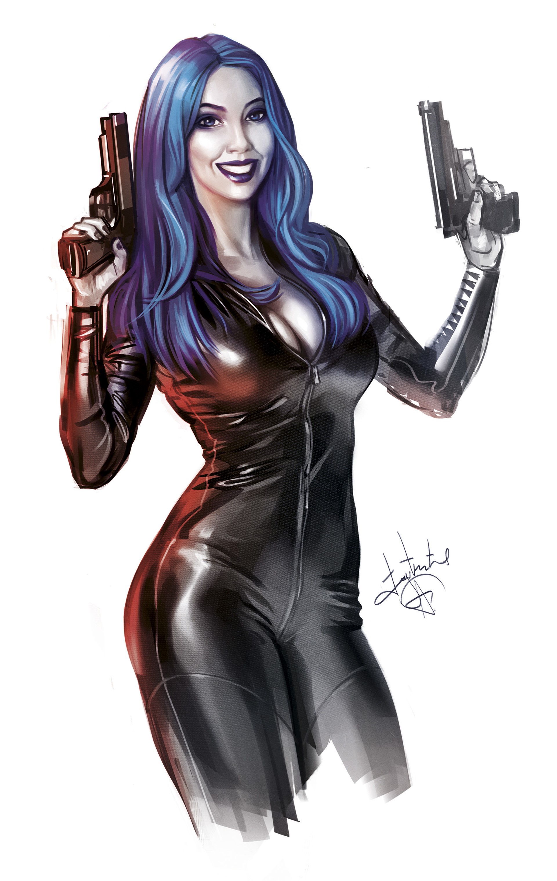 Woman with blue hair holding two guns HD Phone Wallpaper