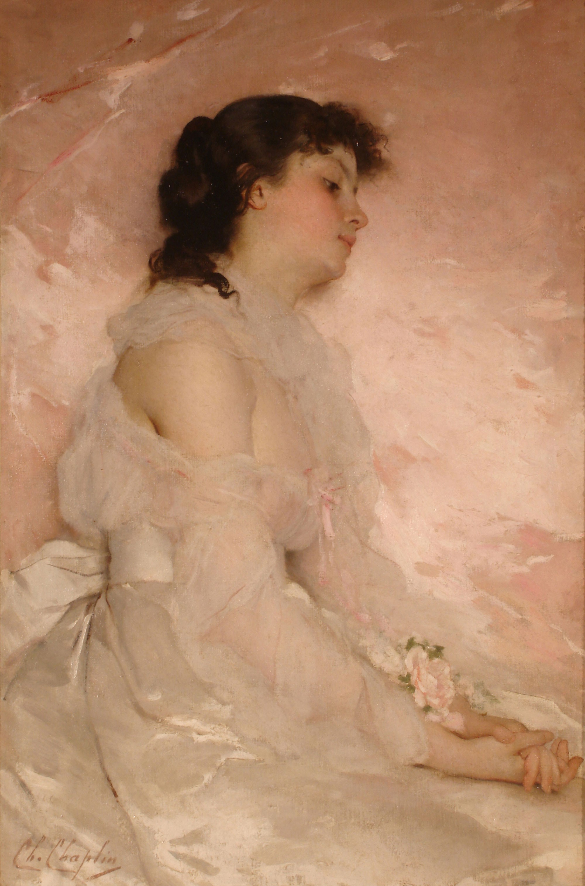 Portrait of a Woman in a White Dress by Charles Joshua Chaplin HD Phone Wallpaper
