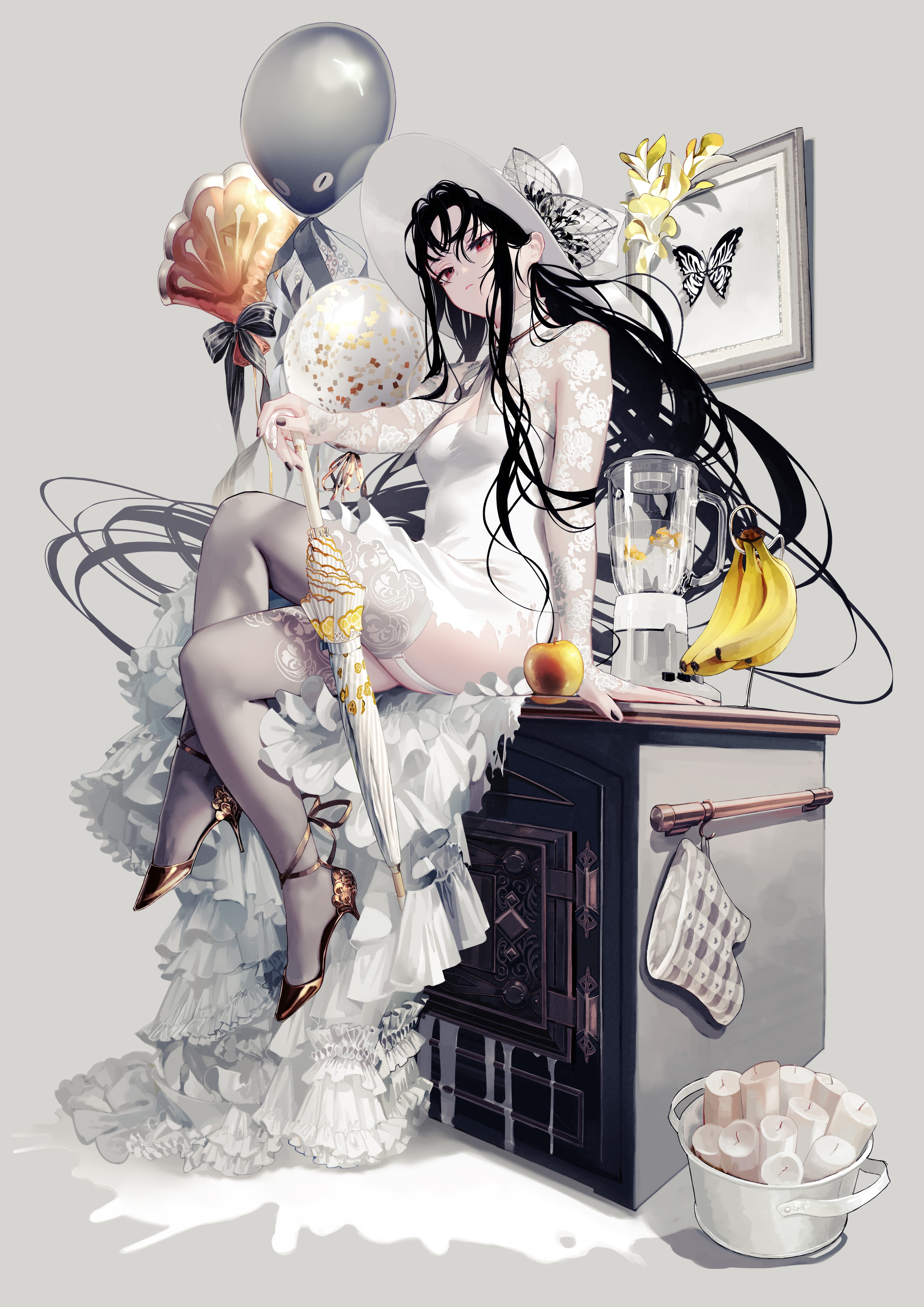 Anime girl in white dress with umbrella and balloons HD Phone Wallpaper