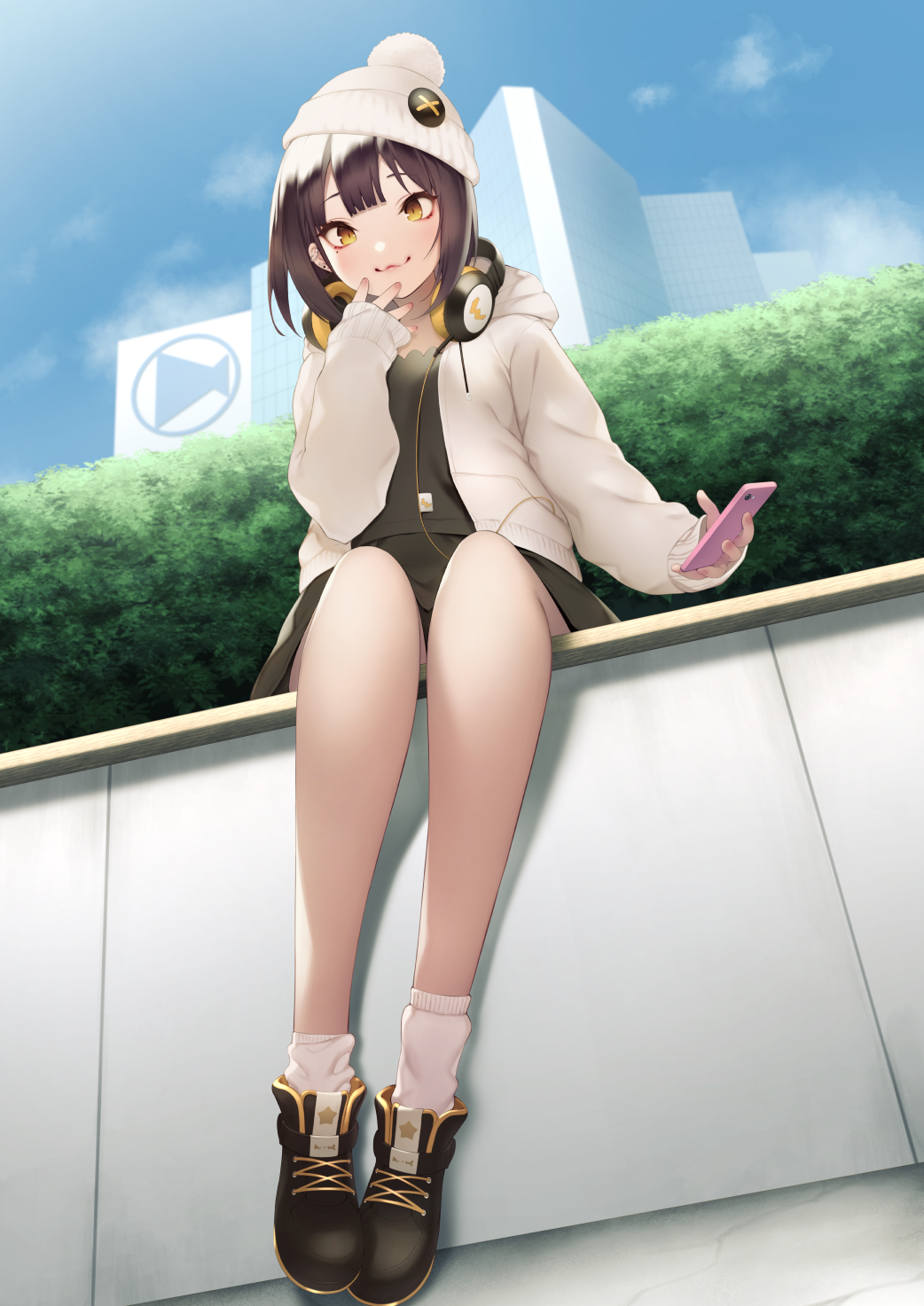 Anime girl with headphones and smartphone sitting outdoors HD Phone Wallpaper